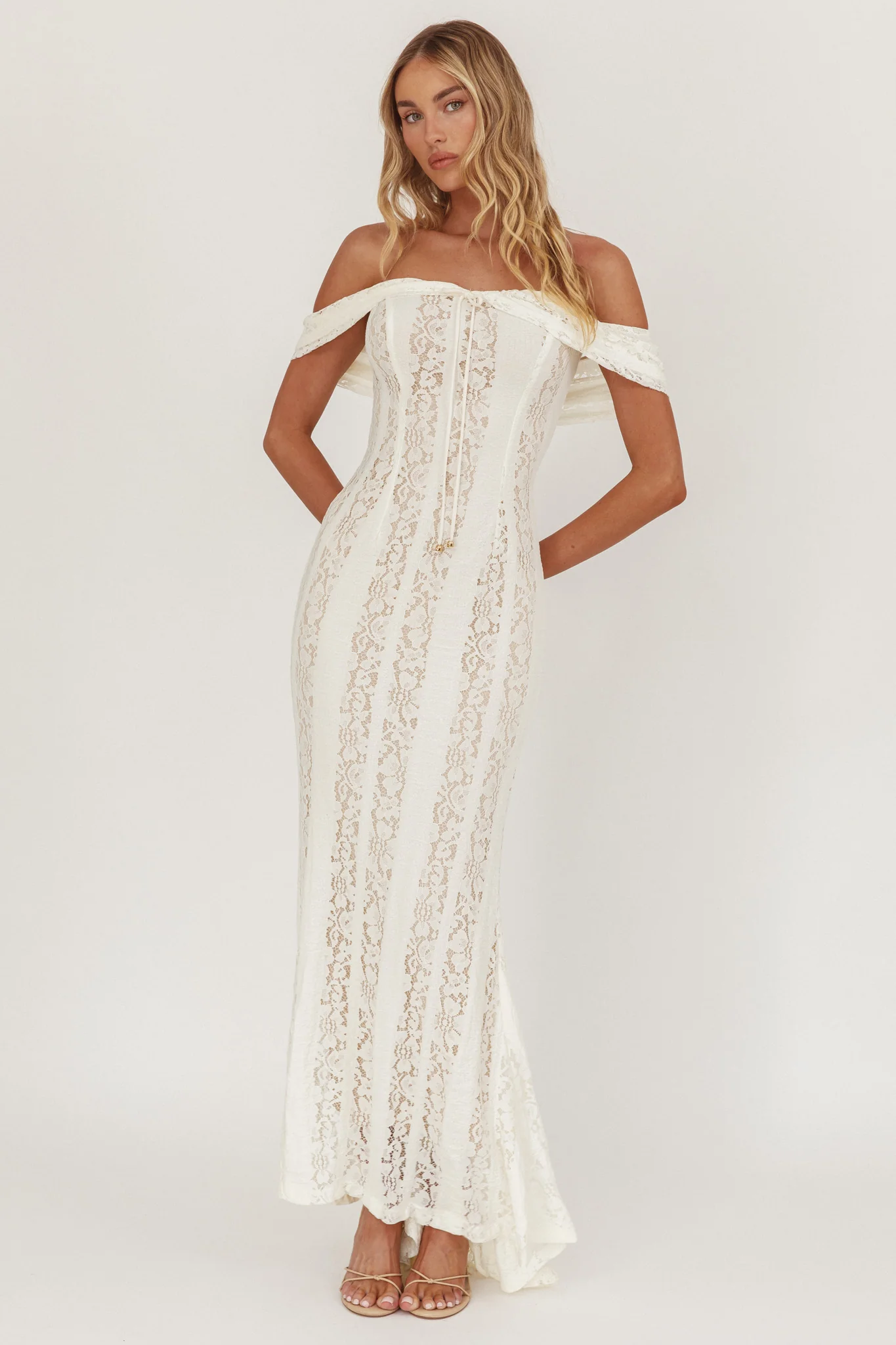 Enigma Off-Shoulder Maxi Dress Lace Cream - Image 4