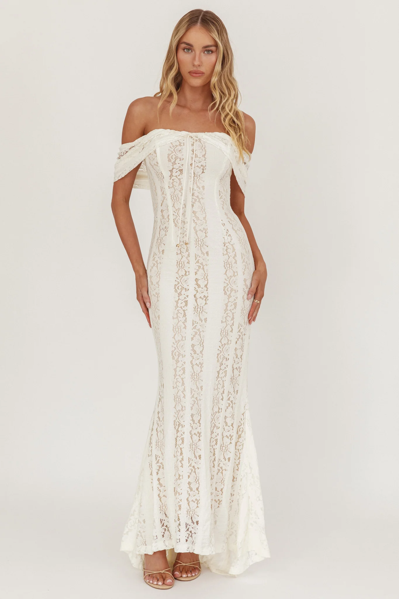Enigma Off-Shoulder Maxi Dress Lace Cream - Image 5