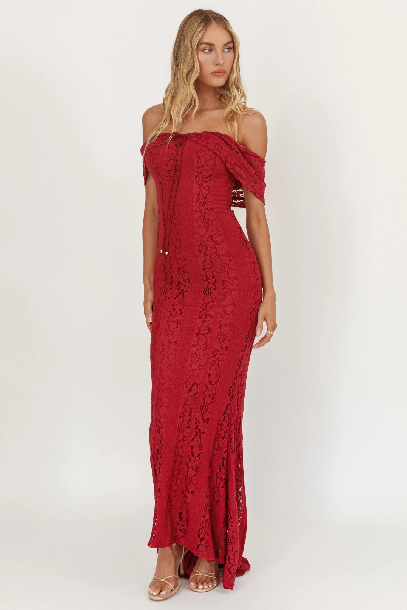 Enigma Off-Shoulder Maxi Dress Lace Wine - Image 4