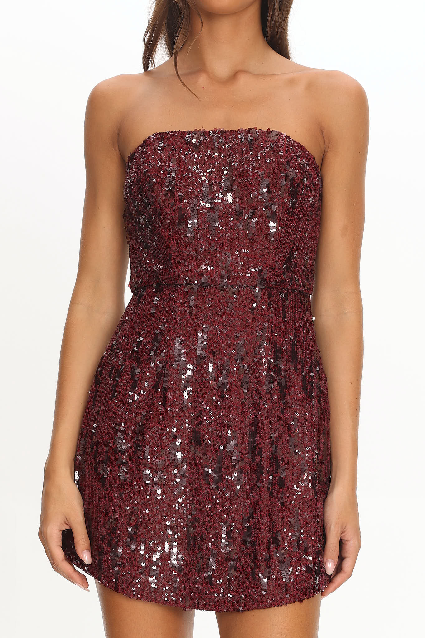 Entered The Chat Strapless Mini Dress Sequin Wine - Image 3