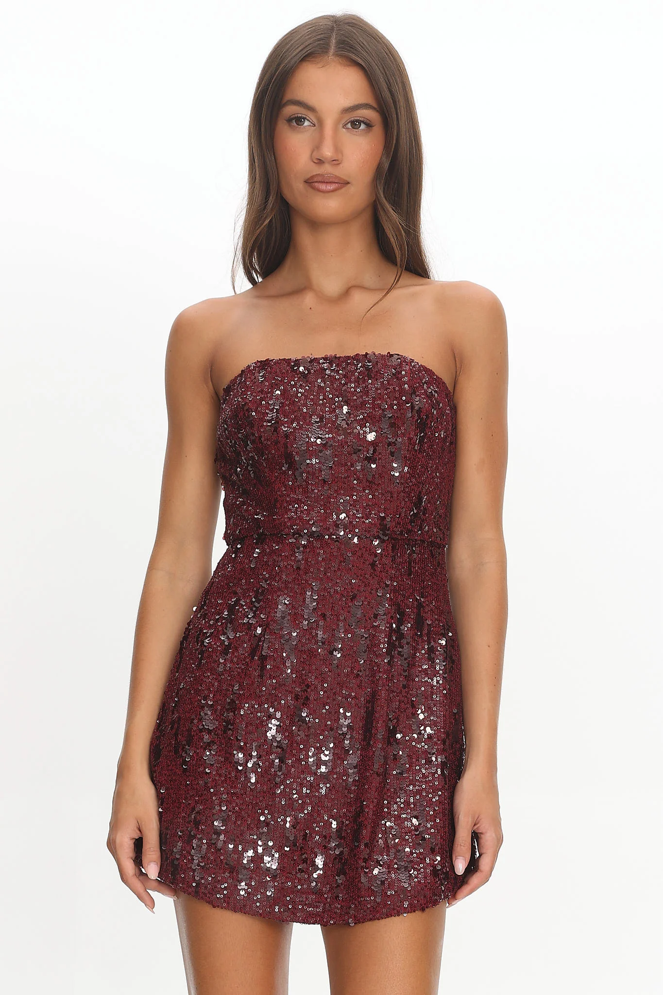 Entered The Chat Strapless Mini Dress Sequin Wine - Image 5