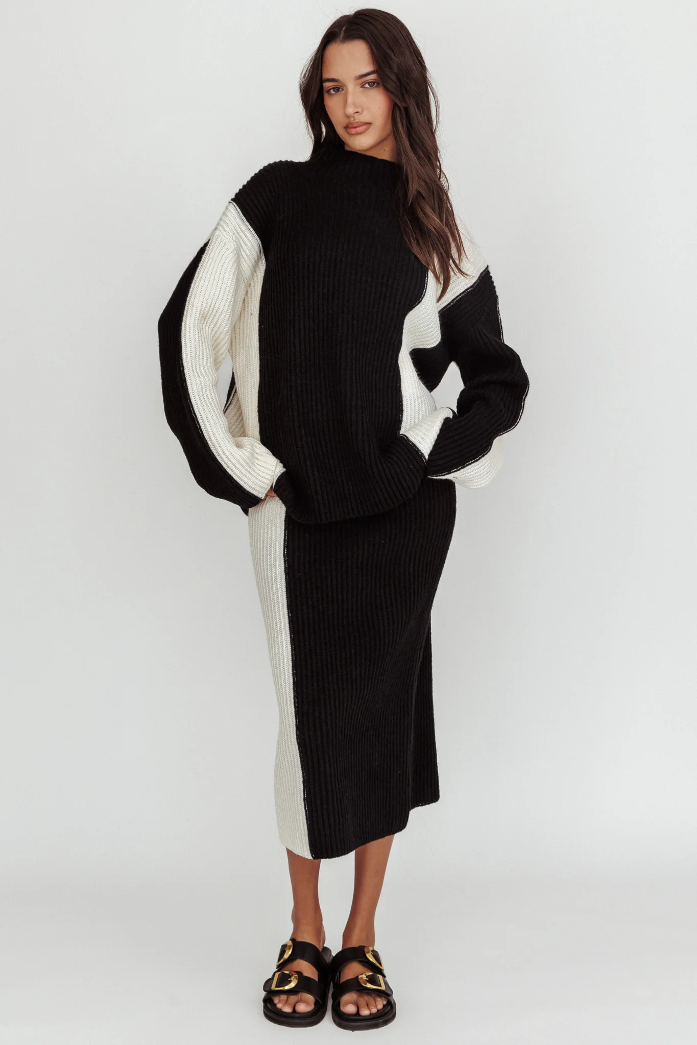 Eos Ribbed Knit Midi Skirt Black Cream - Image 5