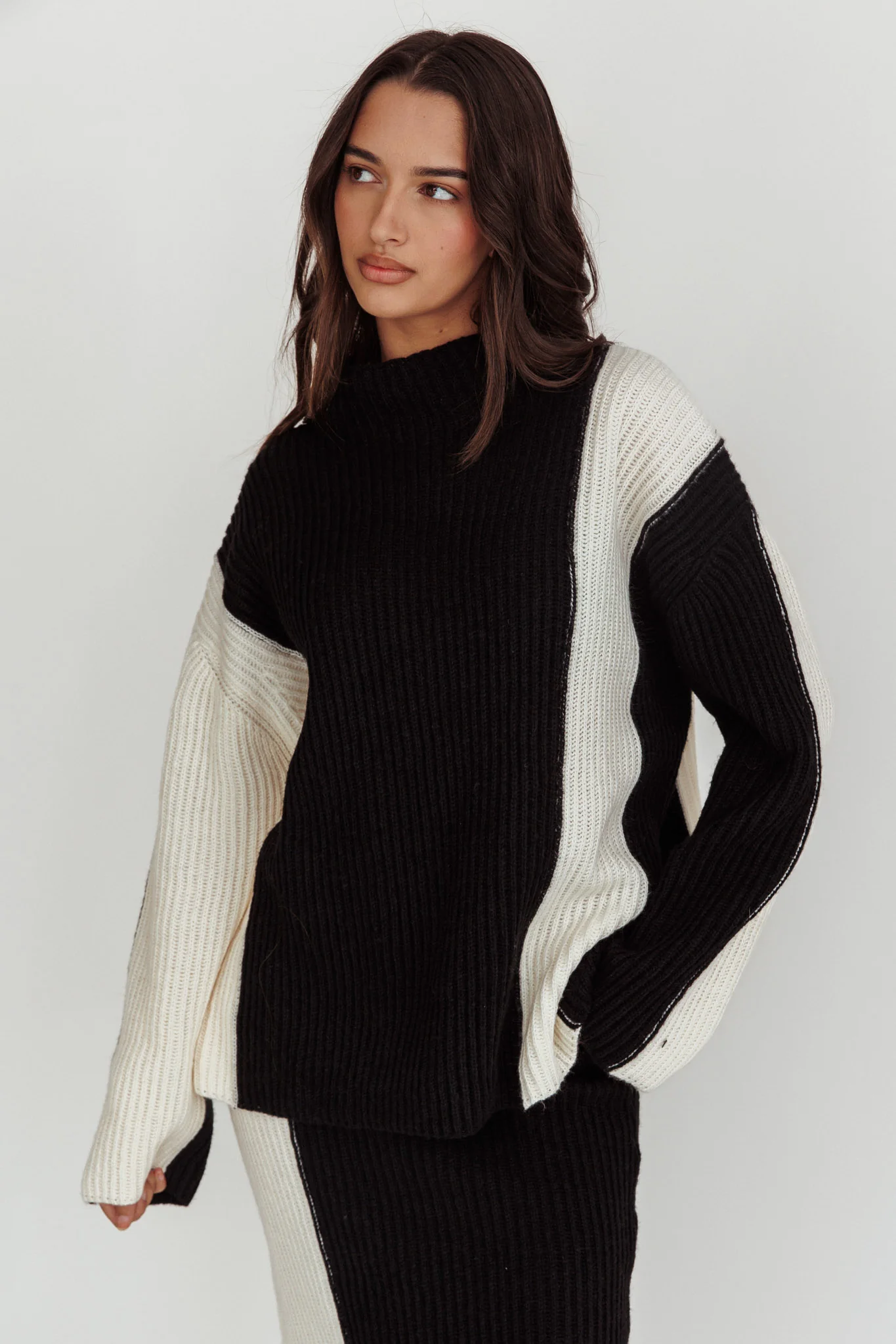 Eos Ribbed Mock Neck Knit Jumper Black Cream - Image 5