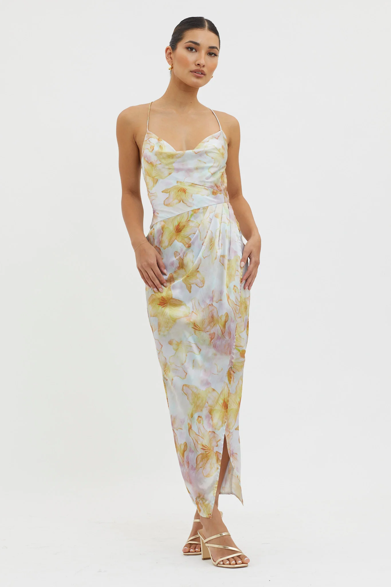 Erryn Tied Back Split Midi Dress Yellow - Image 3