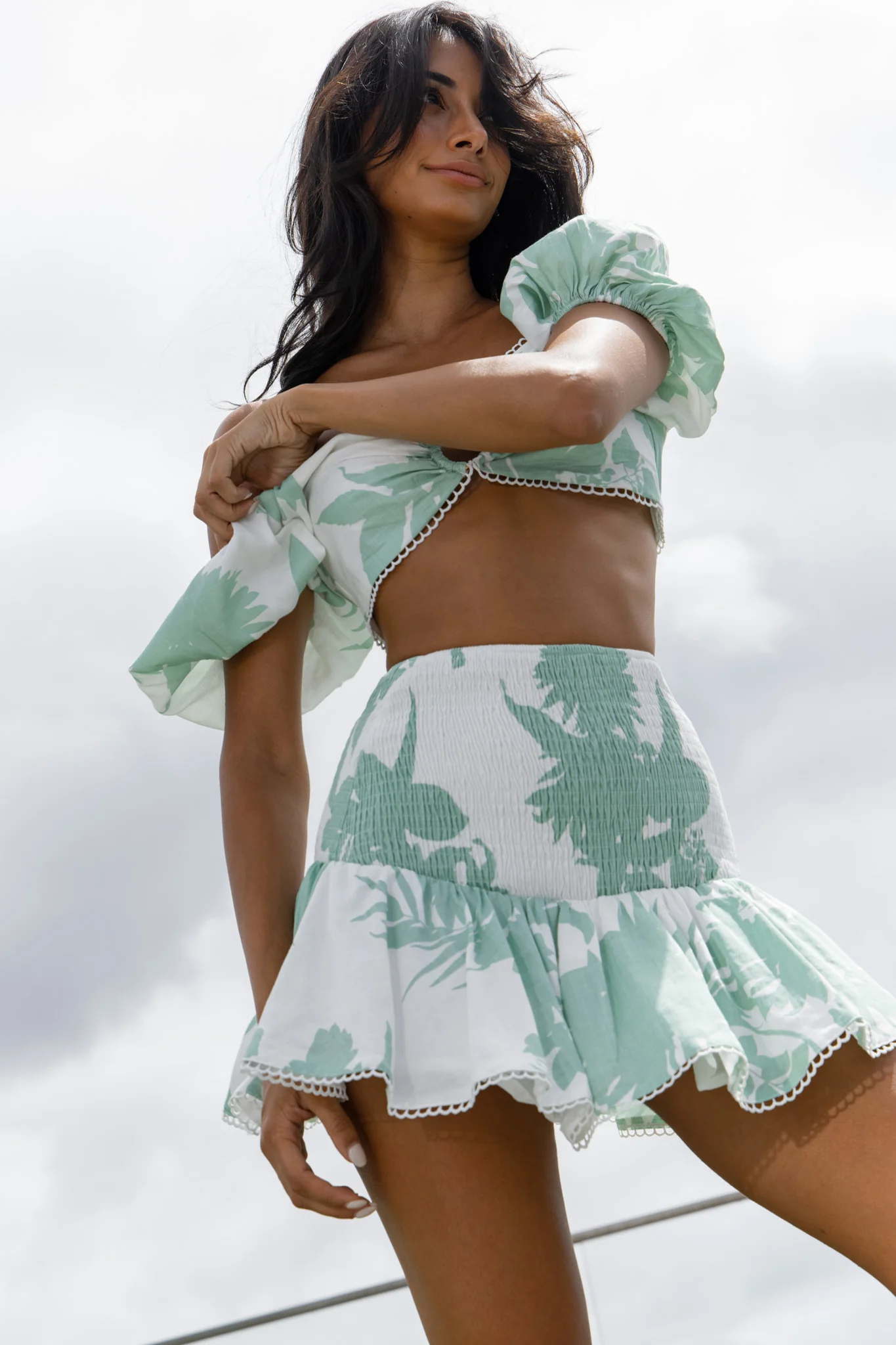 Escape With Me Tied Back Crop Top Printed Sage - Image 3
