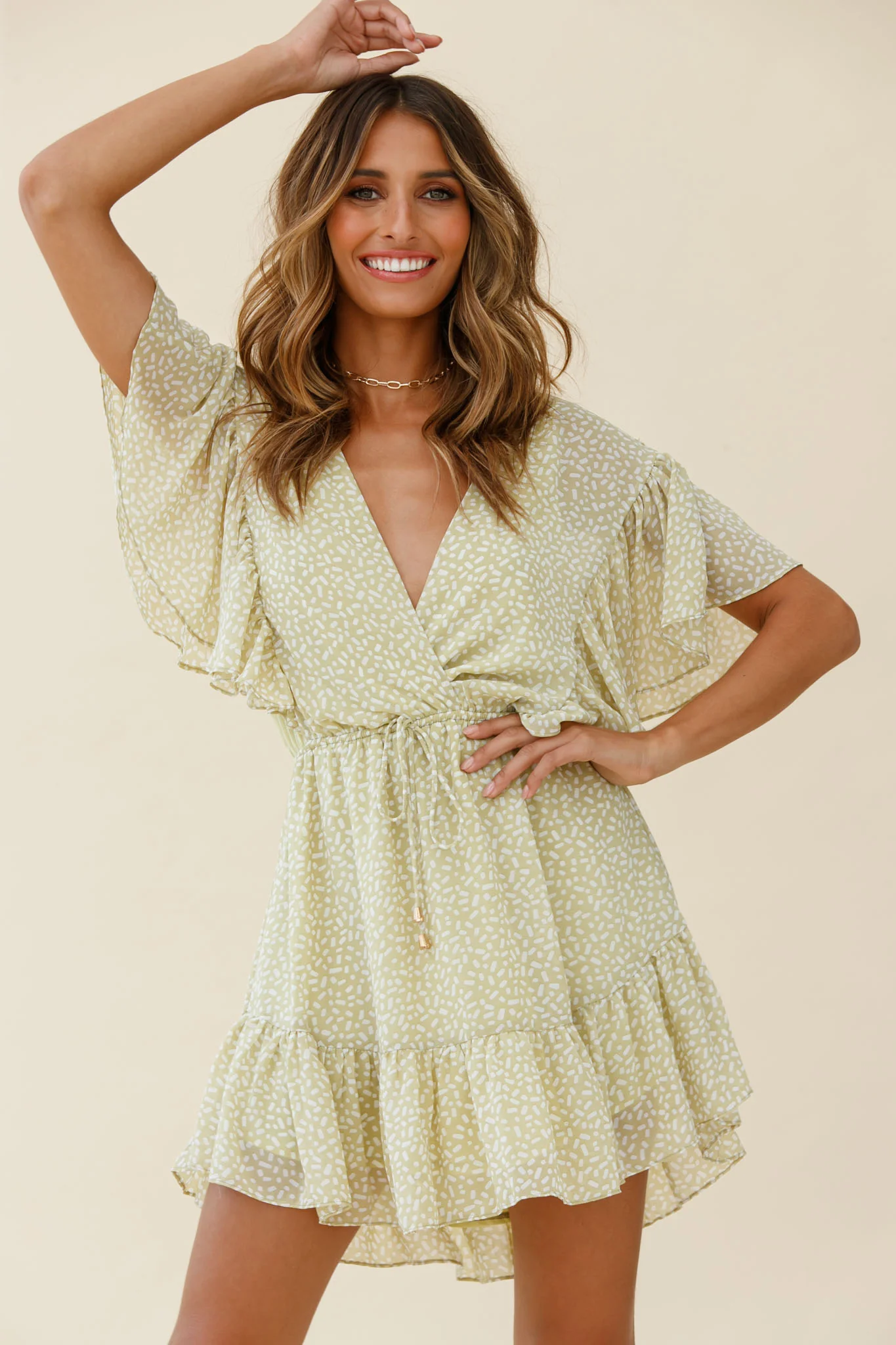Esme V-Neckline Drawstring Waist Dress Sprinkle Print Lime - Image 4