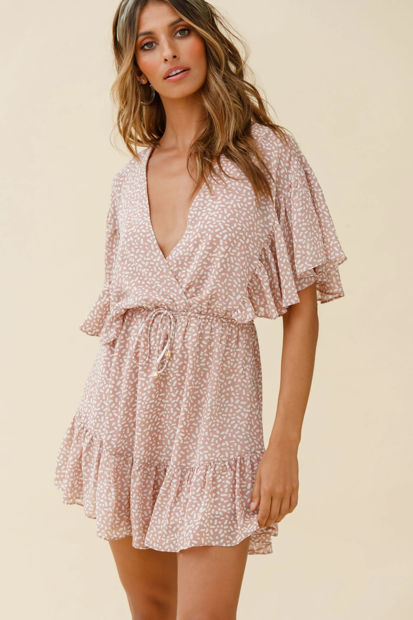 Esme V-Neckline Drawstring Waist Dress Sprinkle Print Pink - Image 6