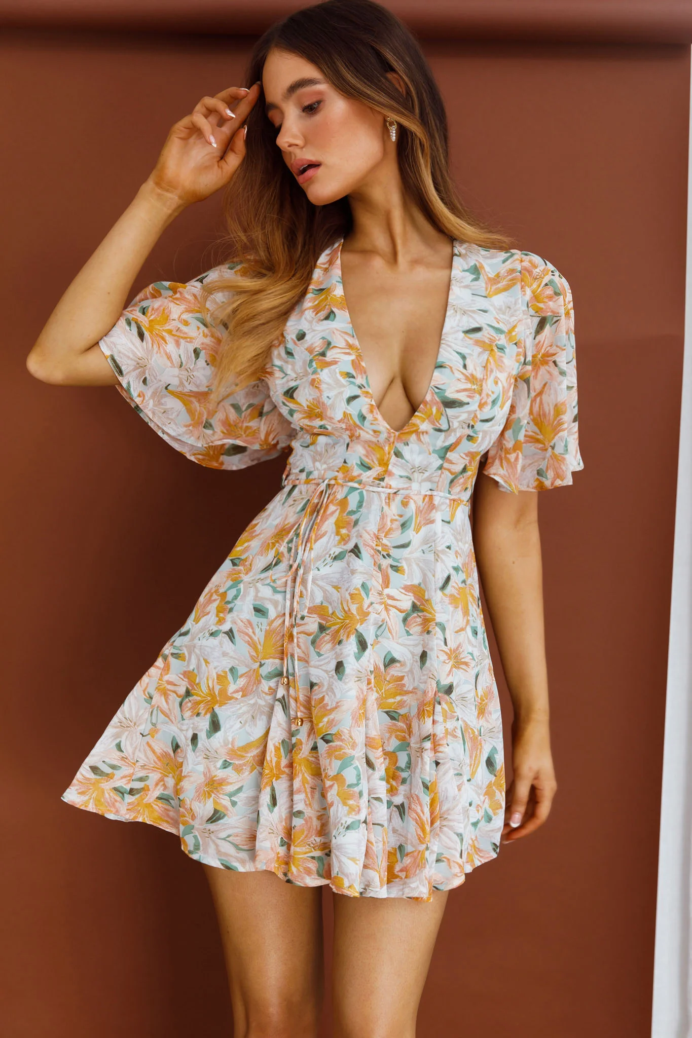 Estelle Angel Sleeve Dress Lily Print Blue - Image 4