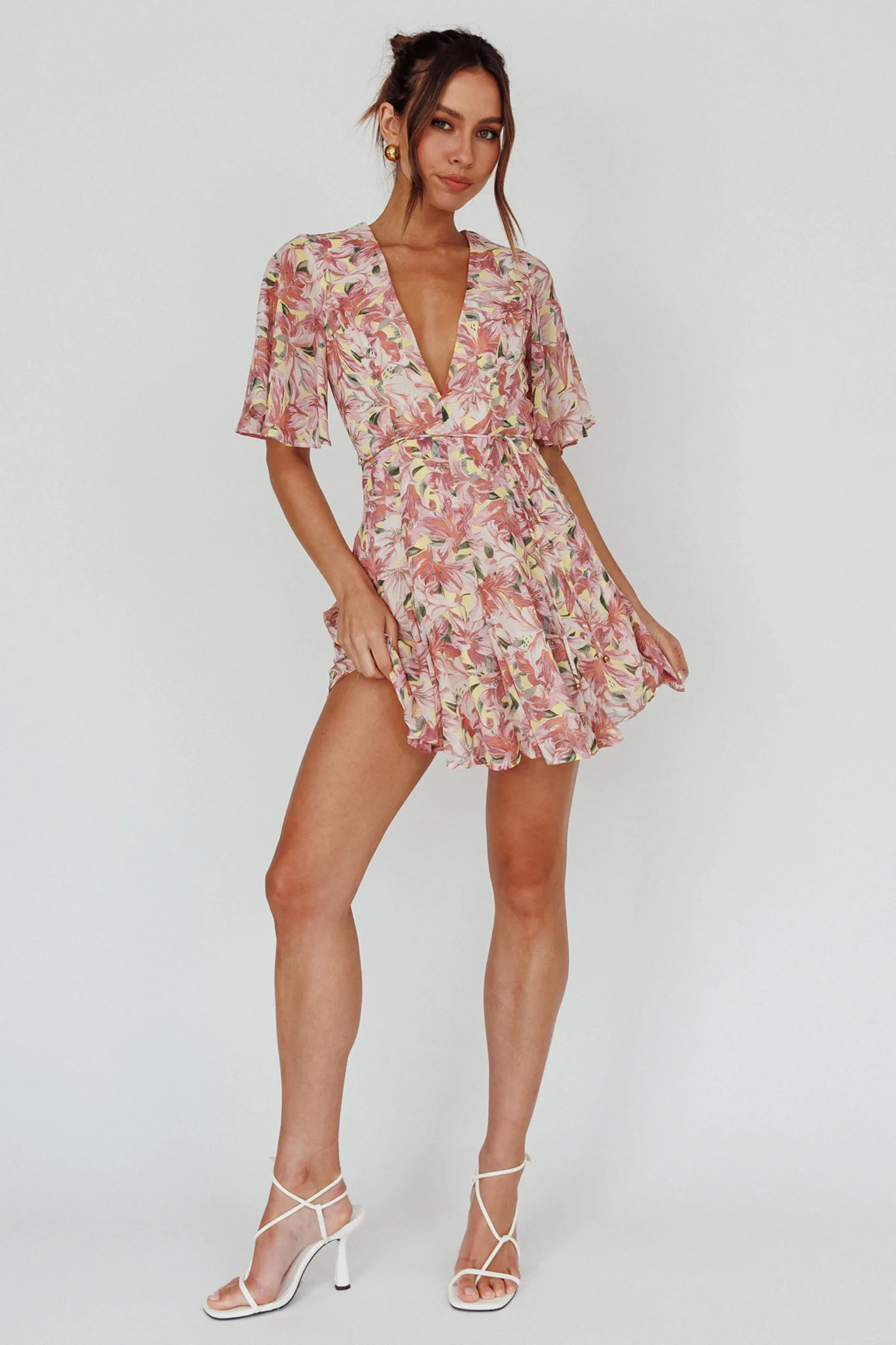 Estelle Angel Sleeve Dress Lily Print Yellow - Image 3