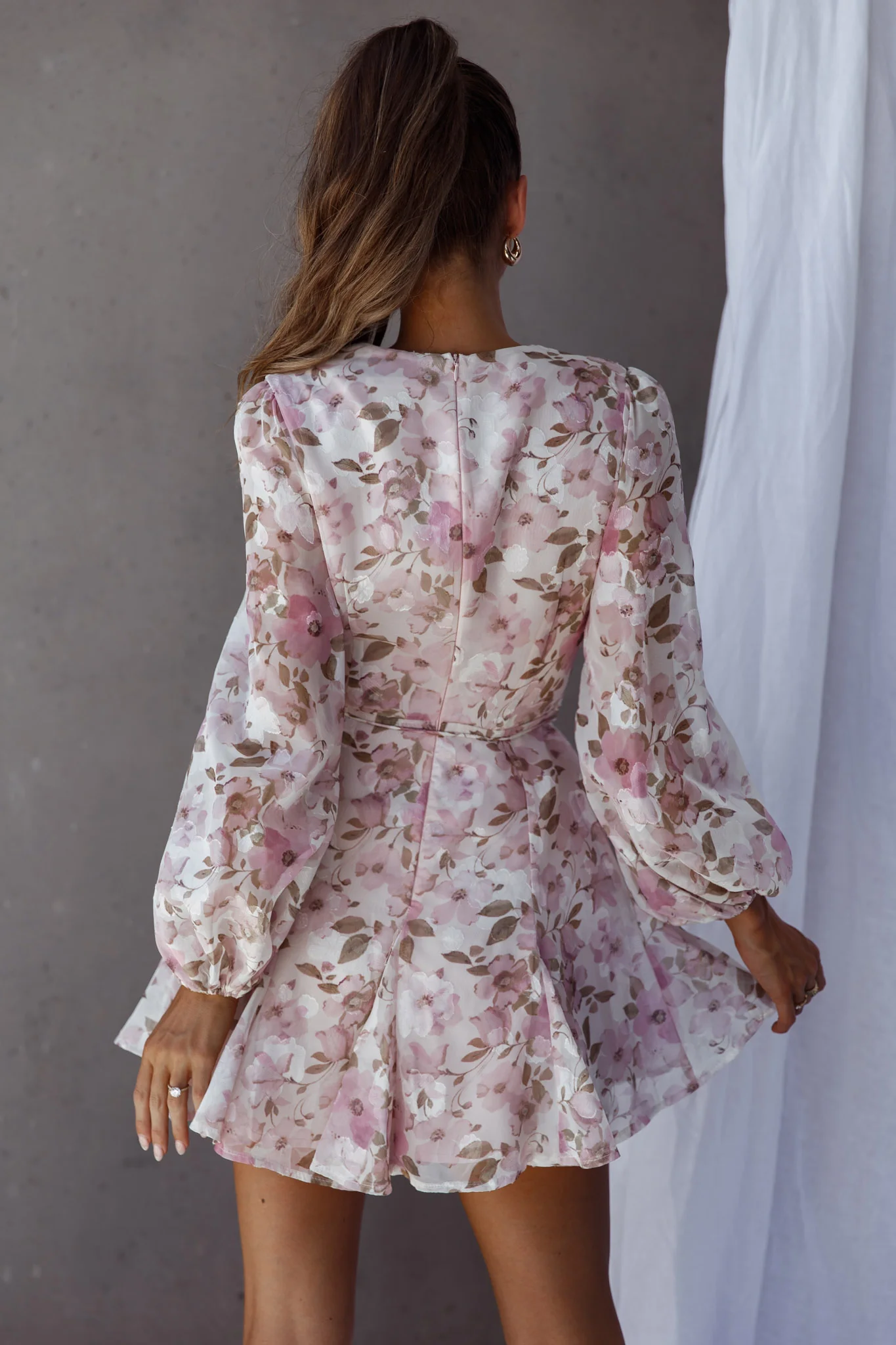 Estelle Long Sleeve V-Neckline Dress Watercolor Floral Print Rose - Image 2