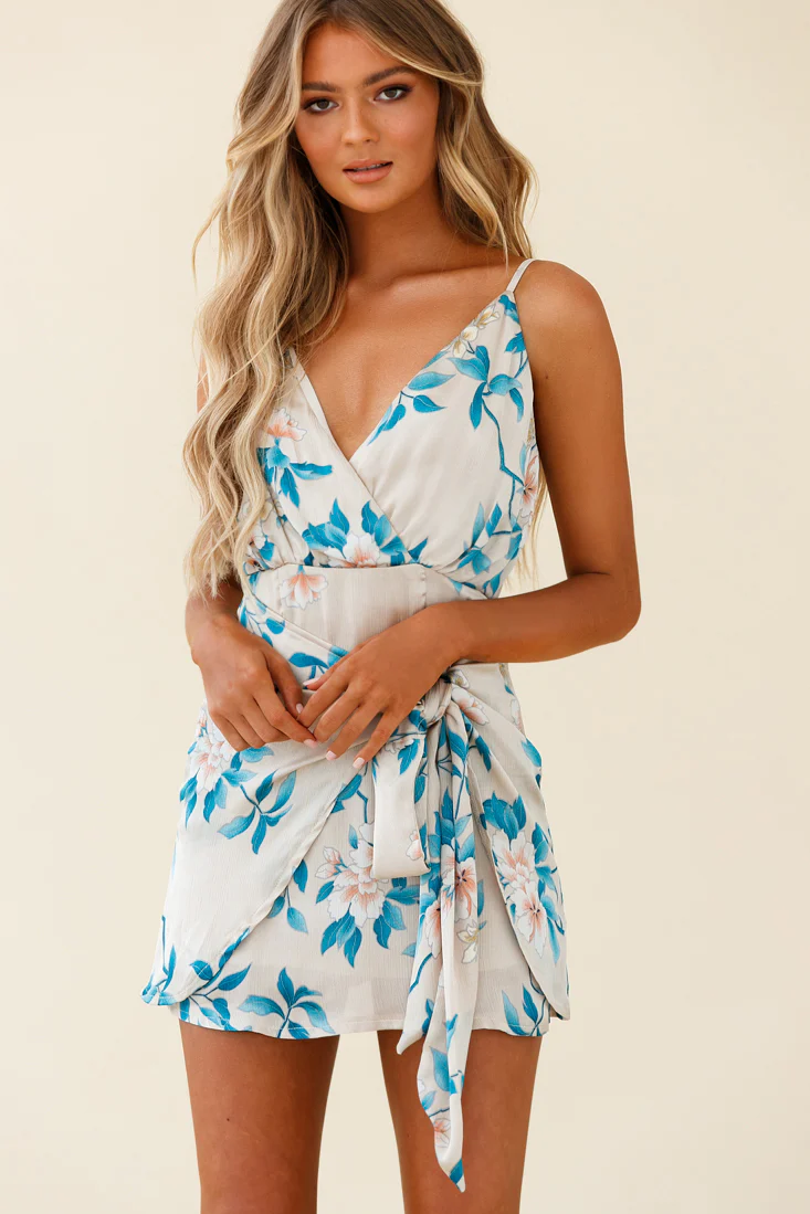 Estelle Wrap Detail Satin Dress Floral Print Mocha - Image 6