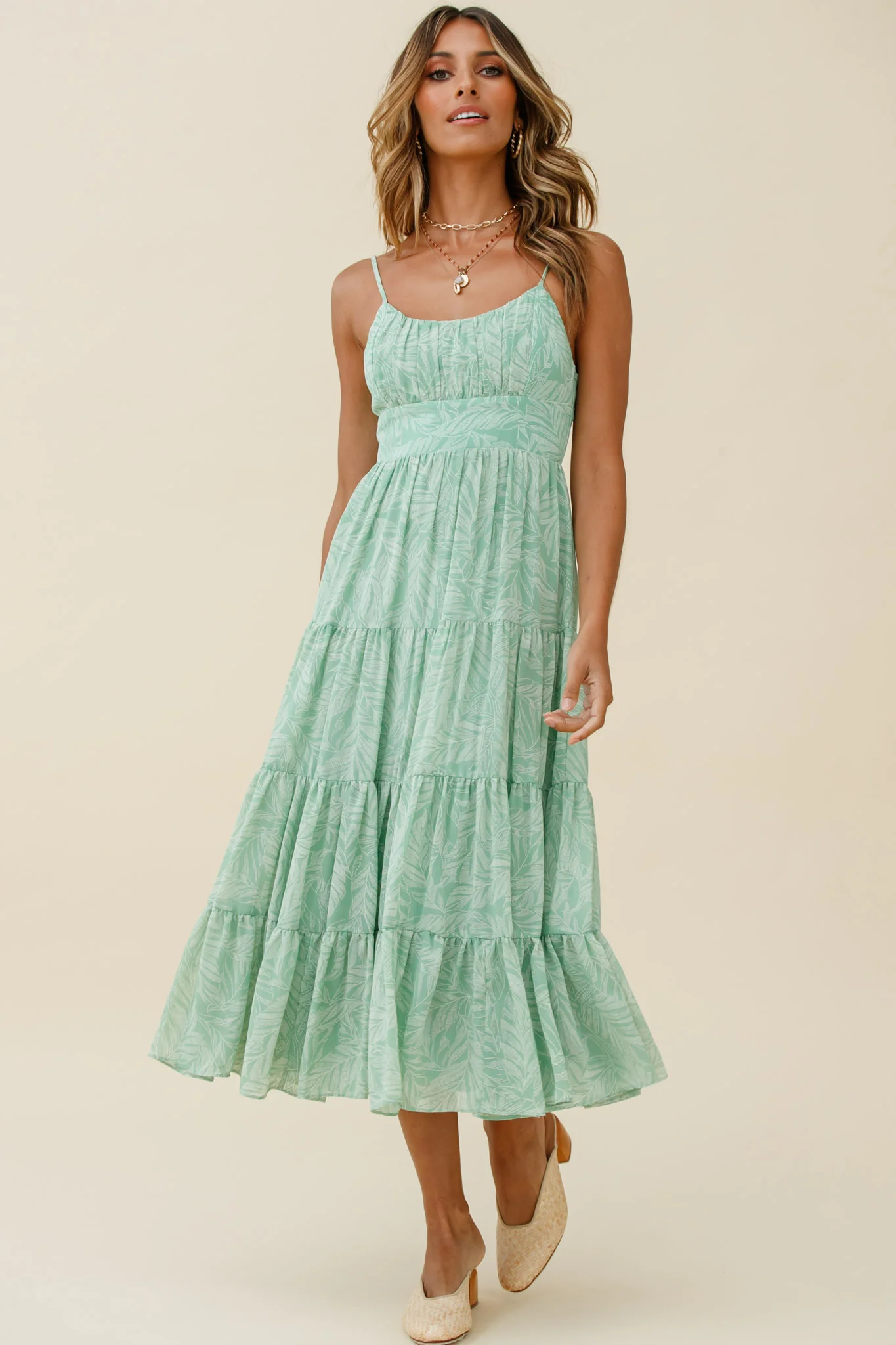 Eternal Sunshine Gathered Bust Maxi Dress Leaf Print Green - Image 6