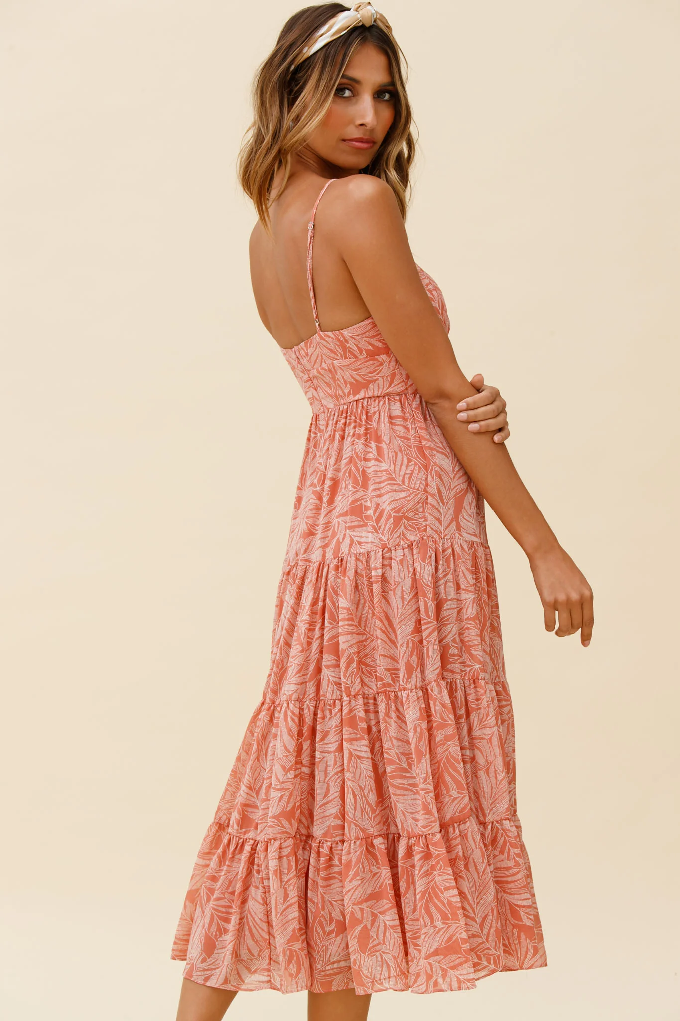 Eternal Sunshine Gathered Bust Maxi Dress Leaf Print Pink - Image 2