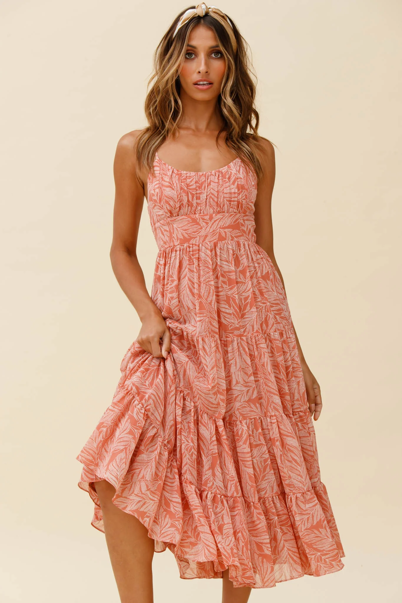 Eternal Sunshine Gathered Bust Maxi Dress Leaf Print Pink - Image 3