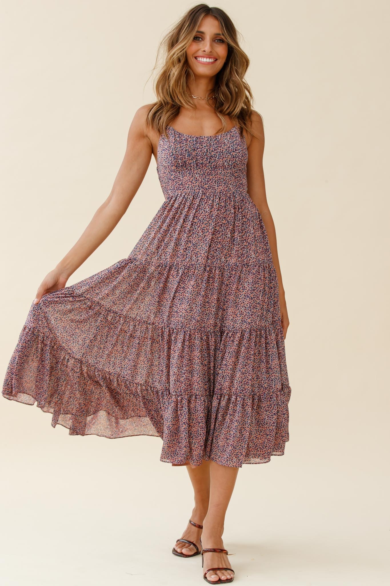 Eternal Sunshine Gathered Bust Midi Dress Leaf Print Purple Multi - Image 3