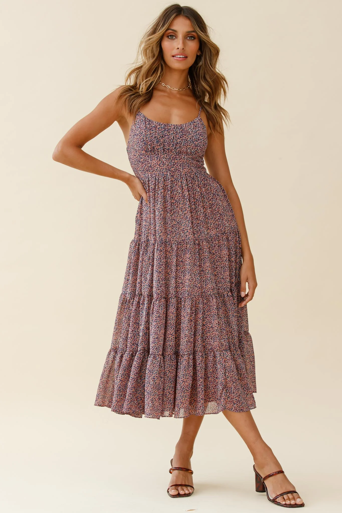 Eternal Sunshine Gathered Bust Midi Dress Leaf Print Purple Multi - Image 4