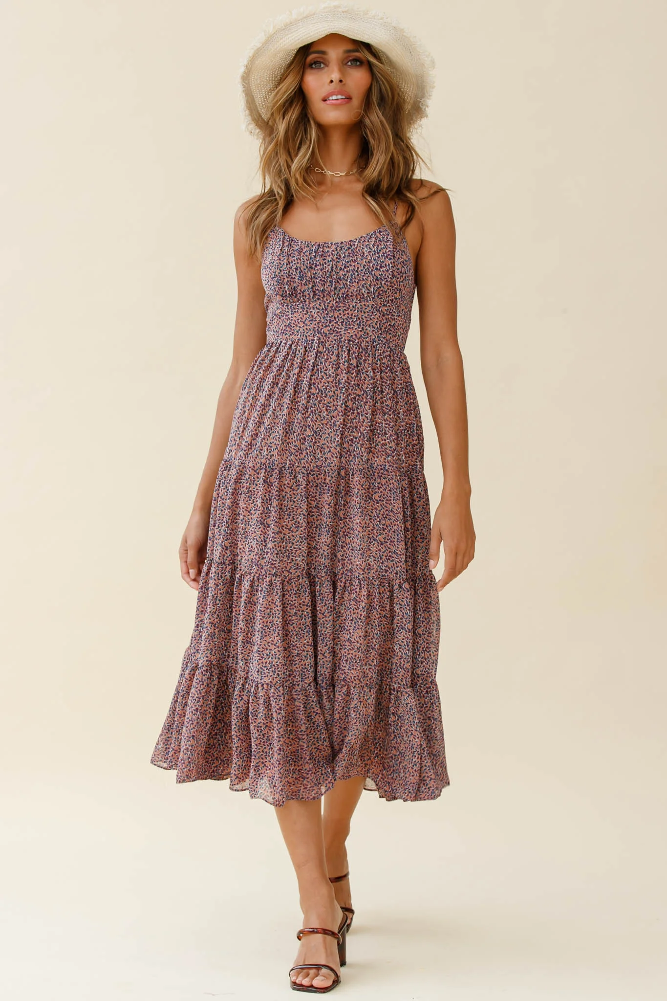 Eternal Sunshine Gathered Bust Midi Dress Leaf Print Purple Multi - Image 7