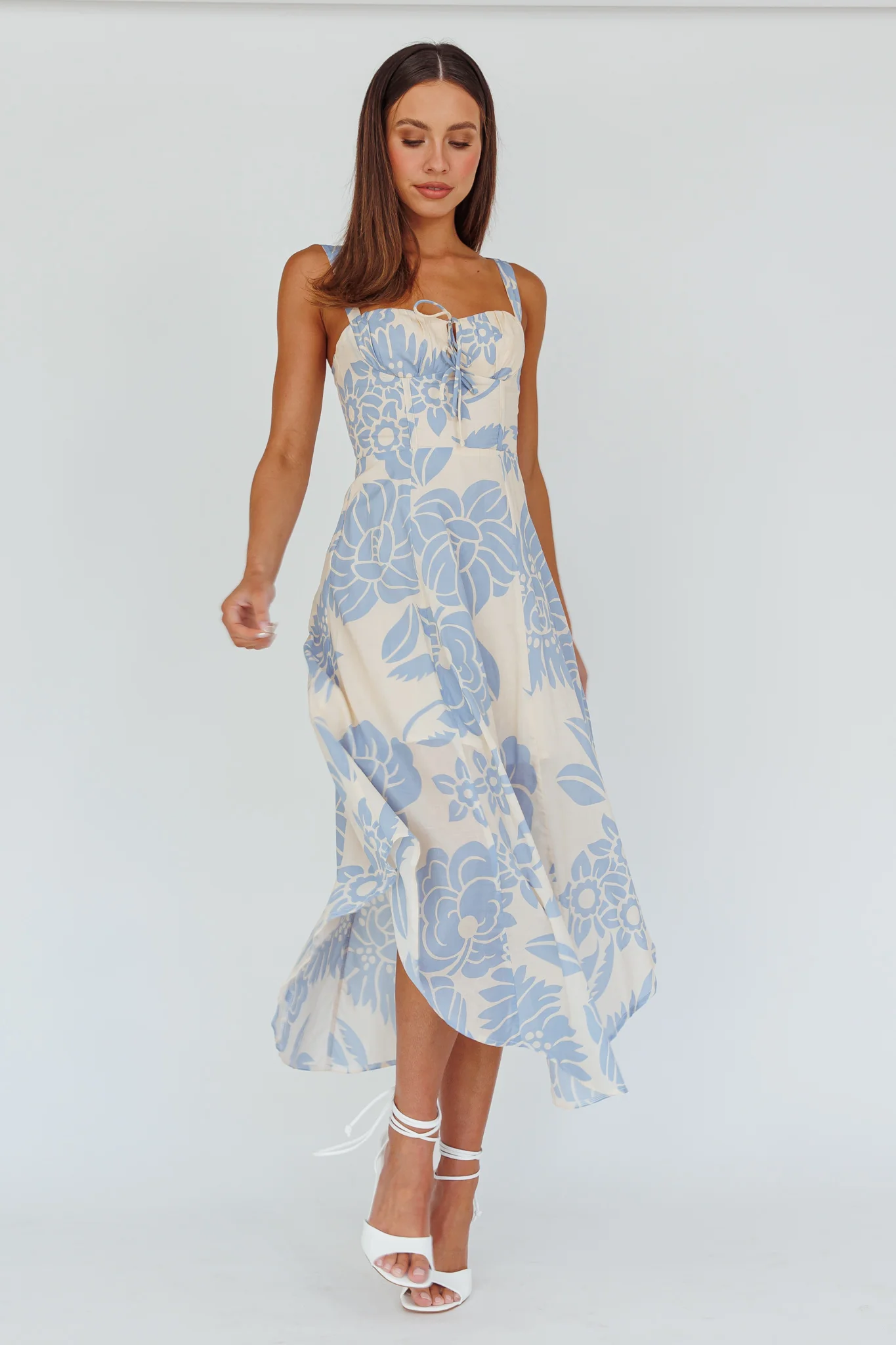 Euro Summer Asymmetrical Hem Midi Dress Floral Beige - Image 3