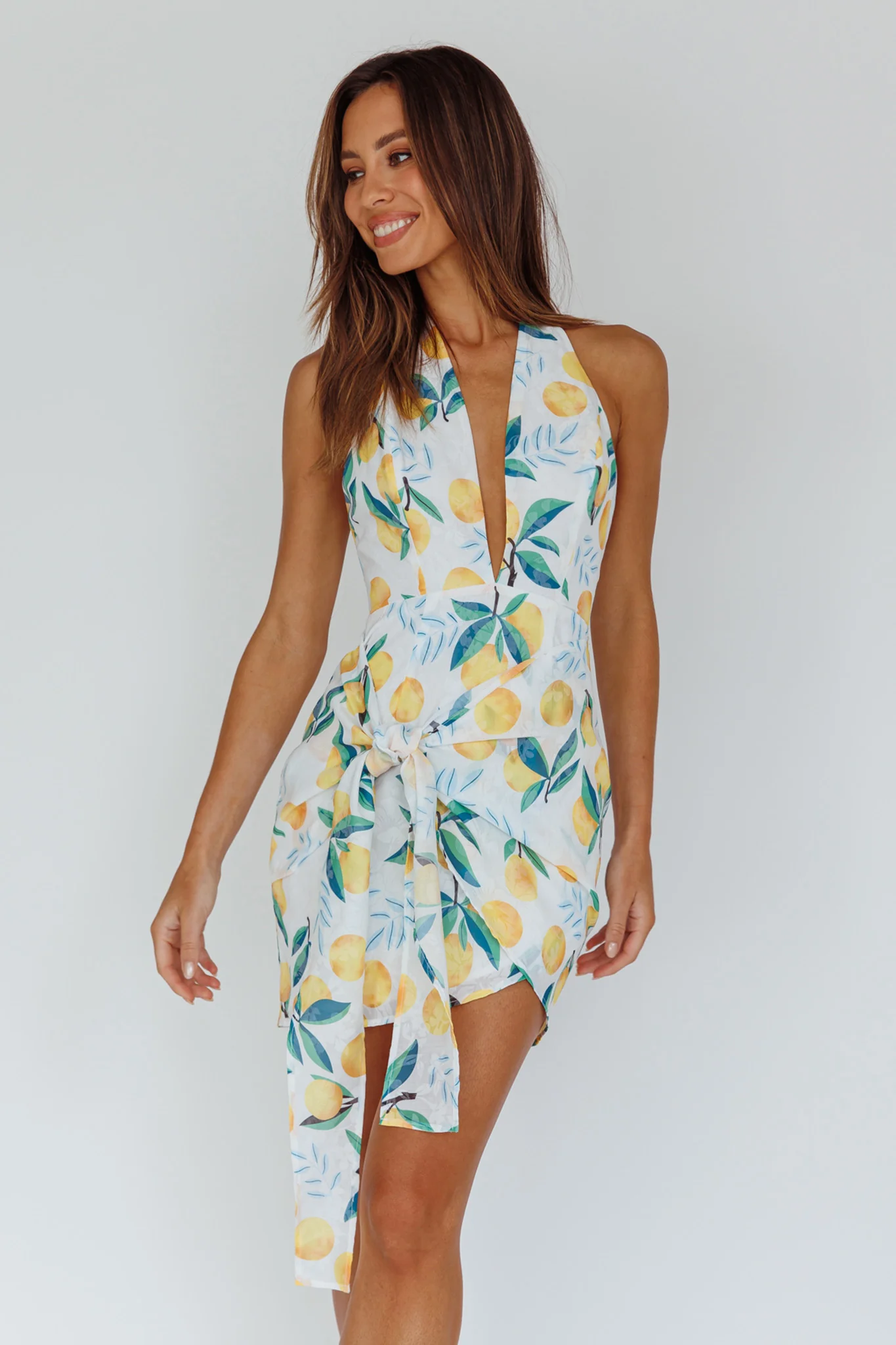 Euro Trip Halter Wrap Mini Dress Lemon - Image 3
