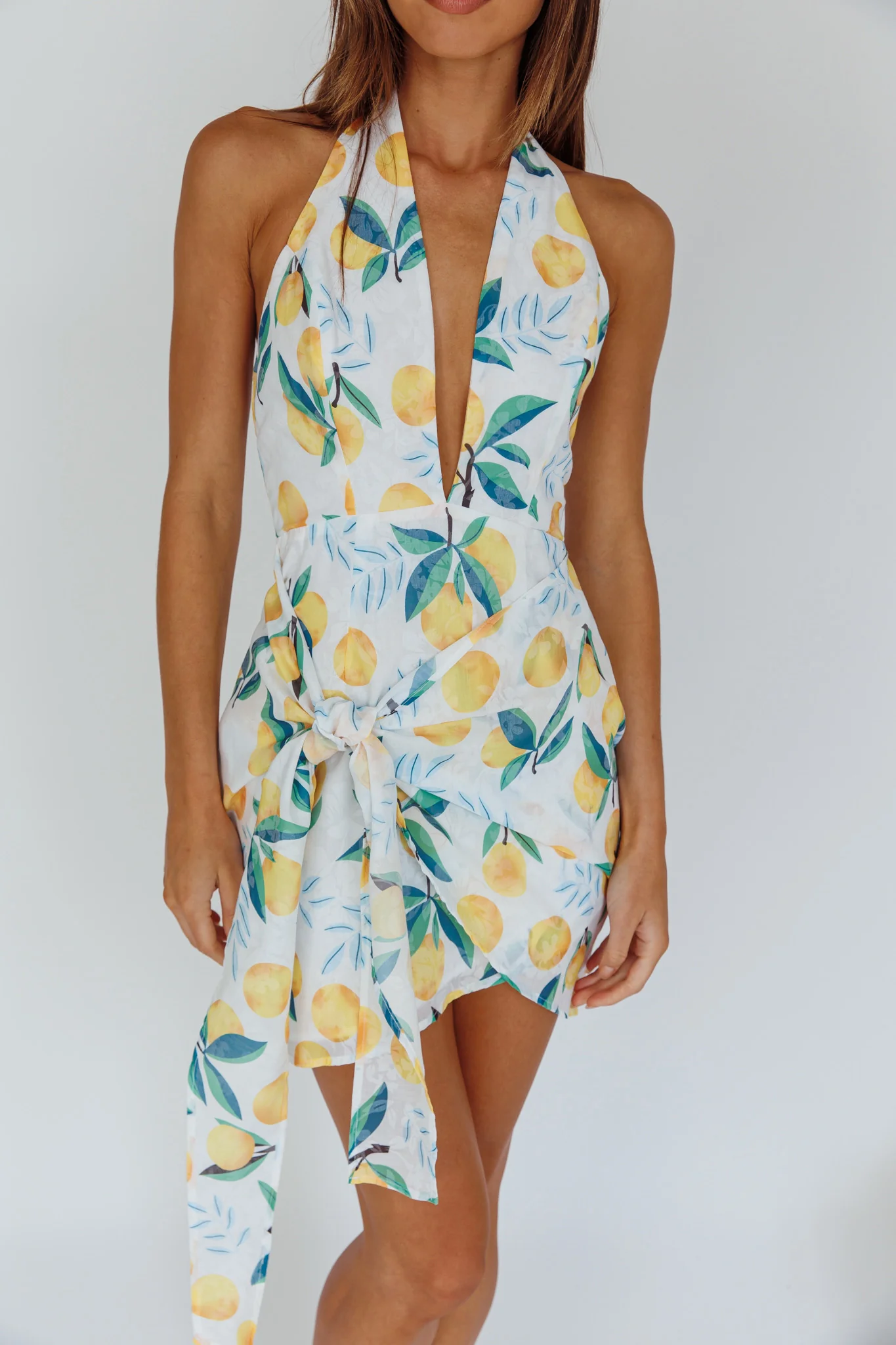 Euro Trip Halter Wrap Mini Dress Lemon - Image 4