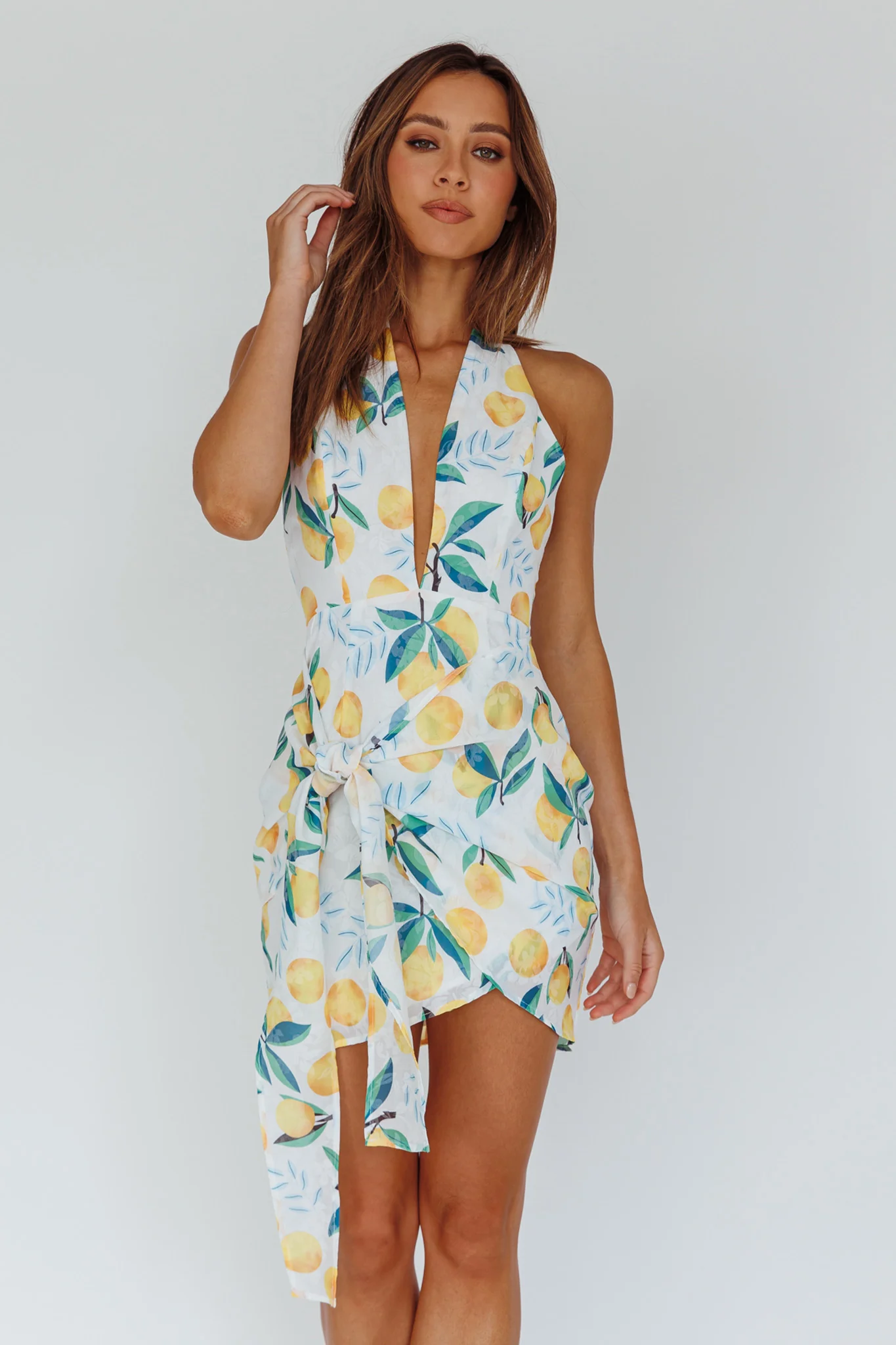 Euro Trip Halter Wrap Mini Dress Lemon - Image 9