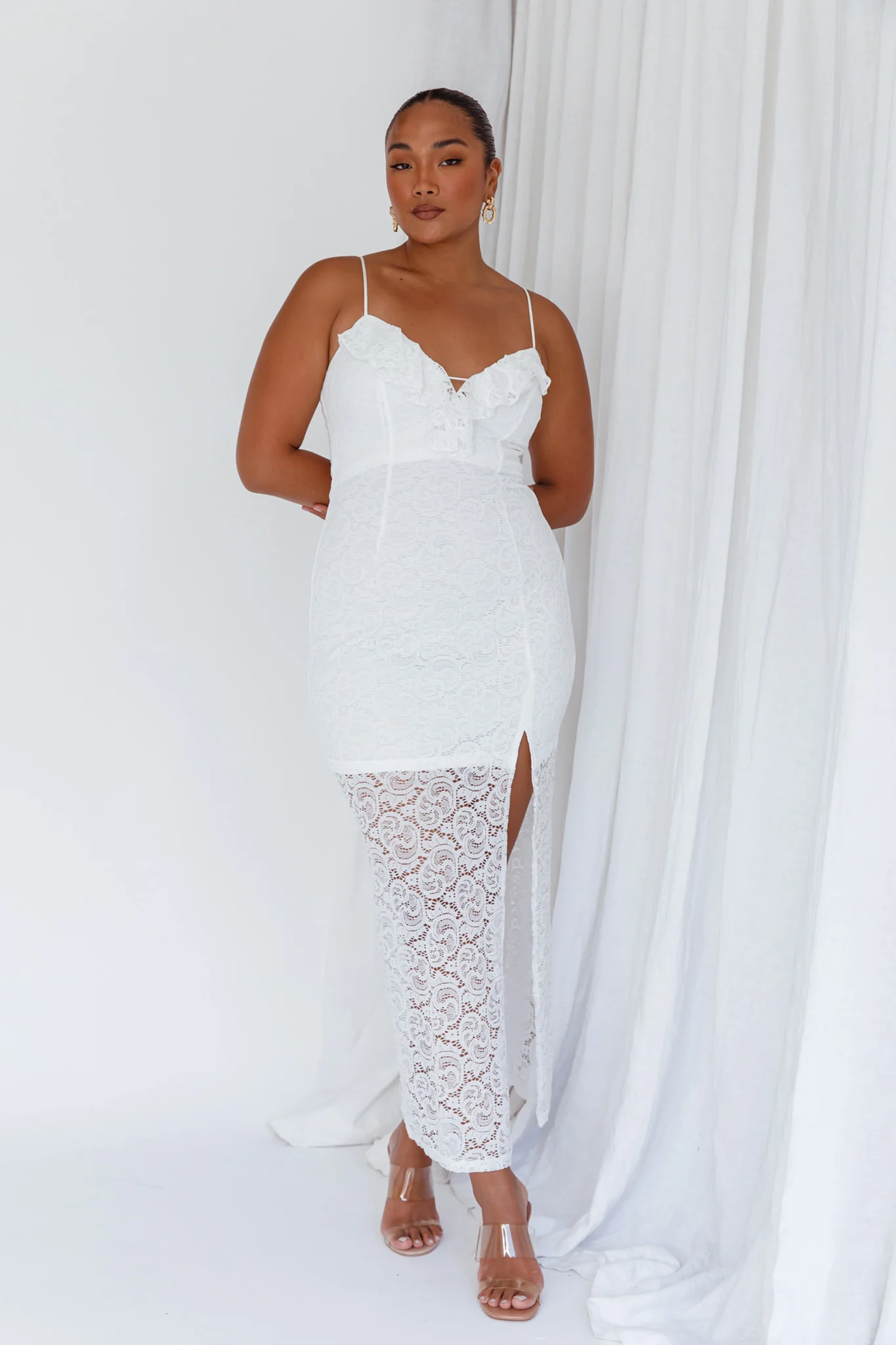 Evaleigh Frill Trim Lace Midi Dress White - Image 4
