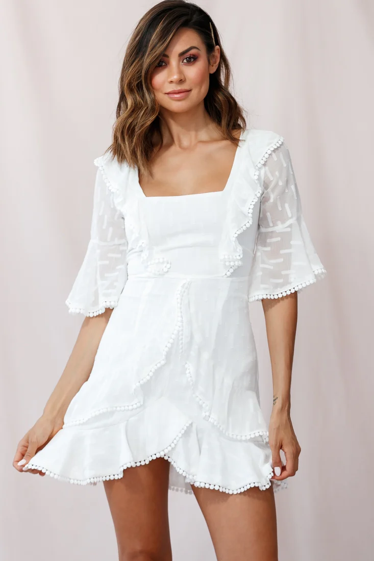 Evangelina Square Neckline Fluted Half-Sleeve Dress White - Image 6