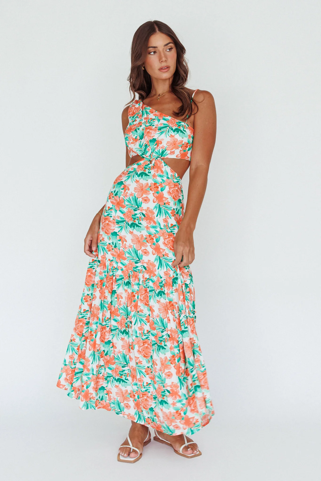 Evening Breeze Cut-Out Waist Maxi Dress Floral Orange - Image 3