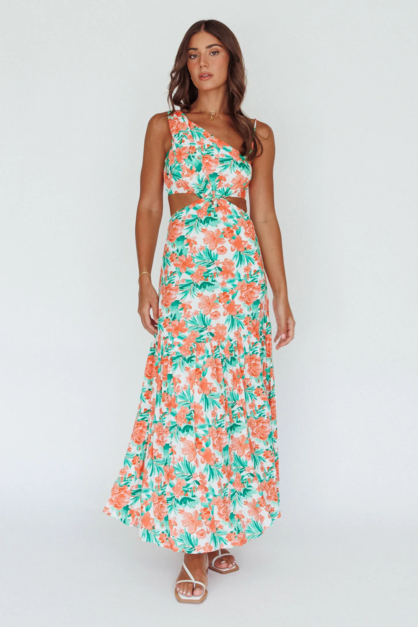 Evening Breeze Cut-Out Waist Maxi Dress Floral Orange - Image 5