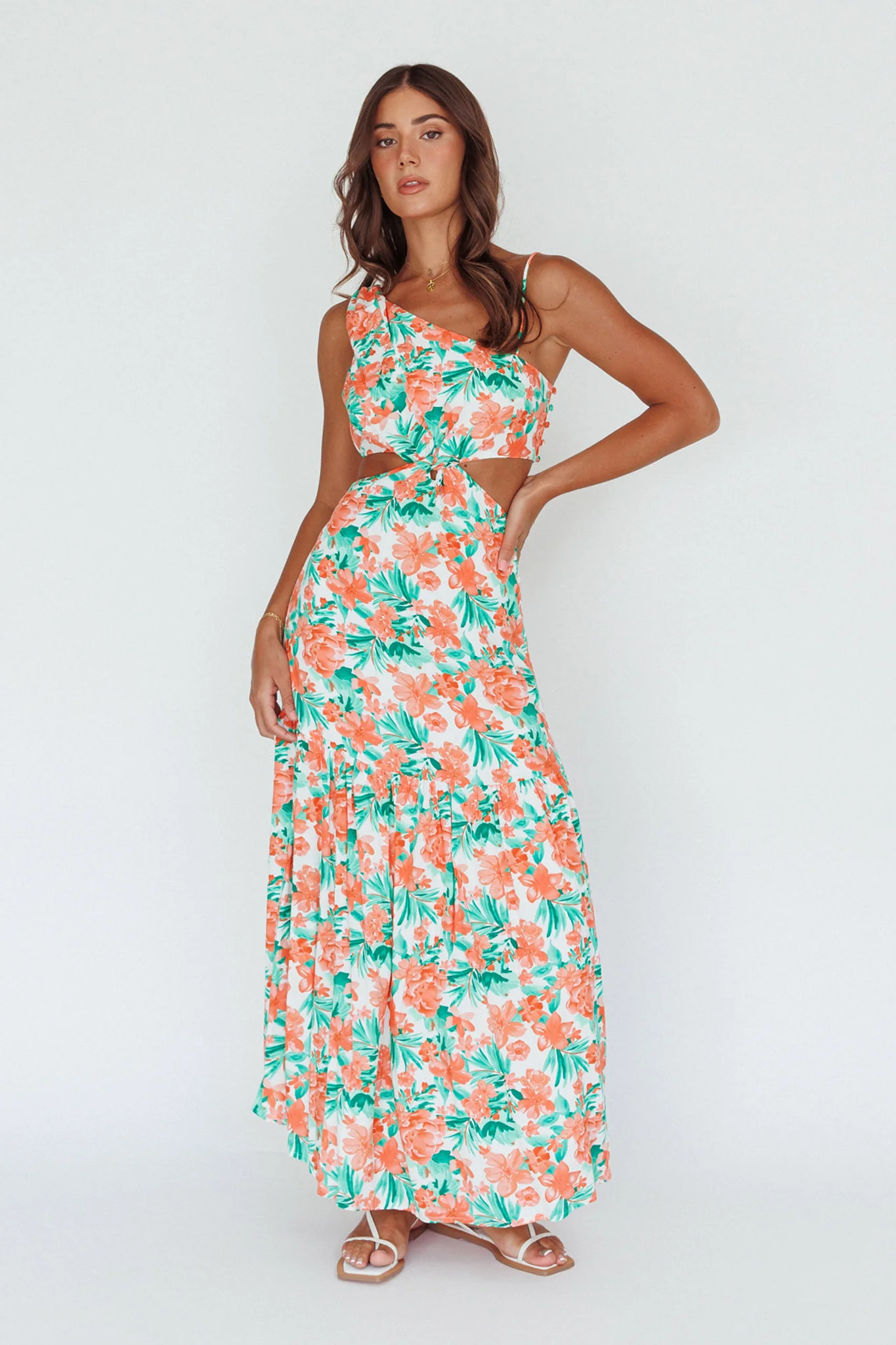 Evening Breeze Cut-Out Waist Maxi Dress Floral Orange - Image 6