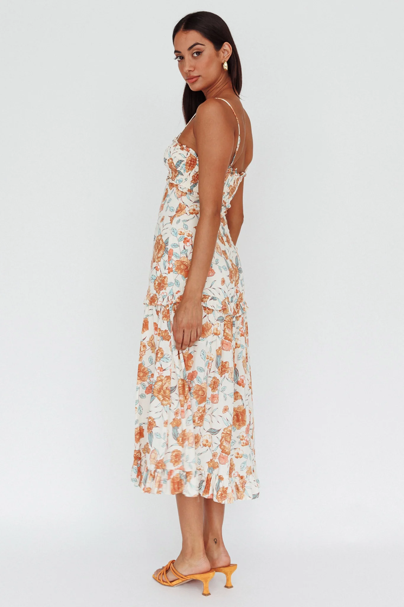 Everglow Shirred Bust Midi Dress Floral Beige - Image 2