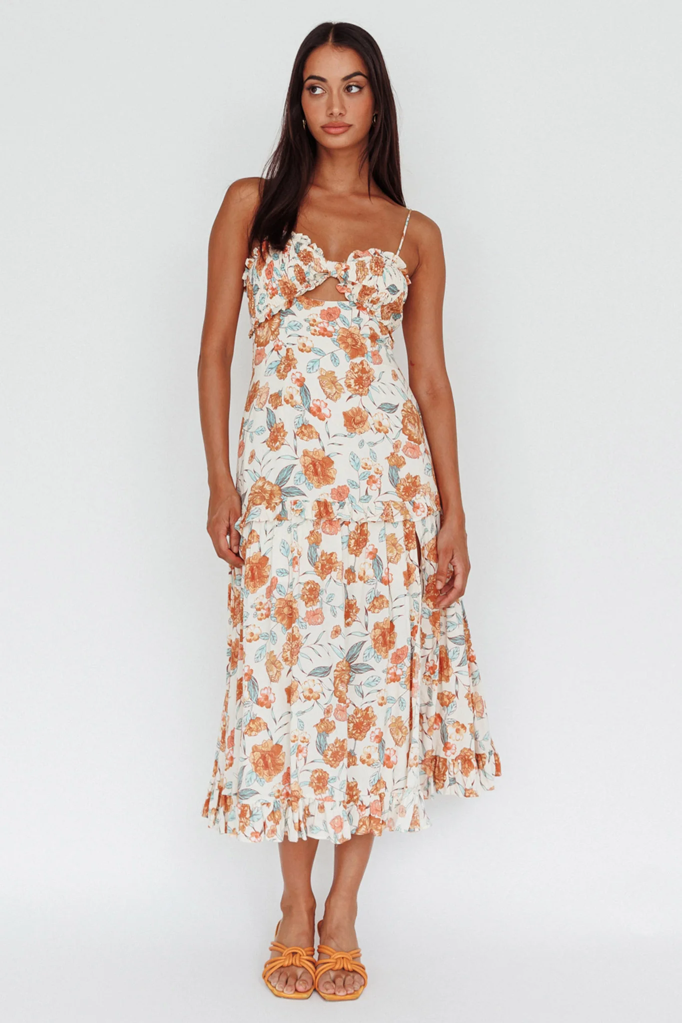 Everglow Shirred Bust Midi Dress Floral Beige - Image 6