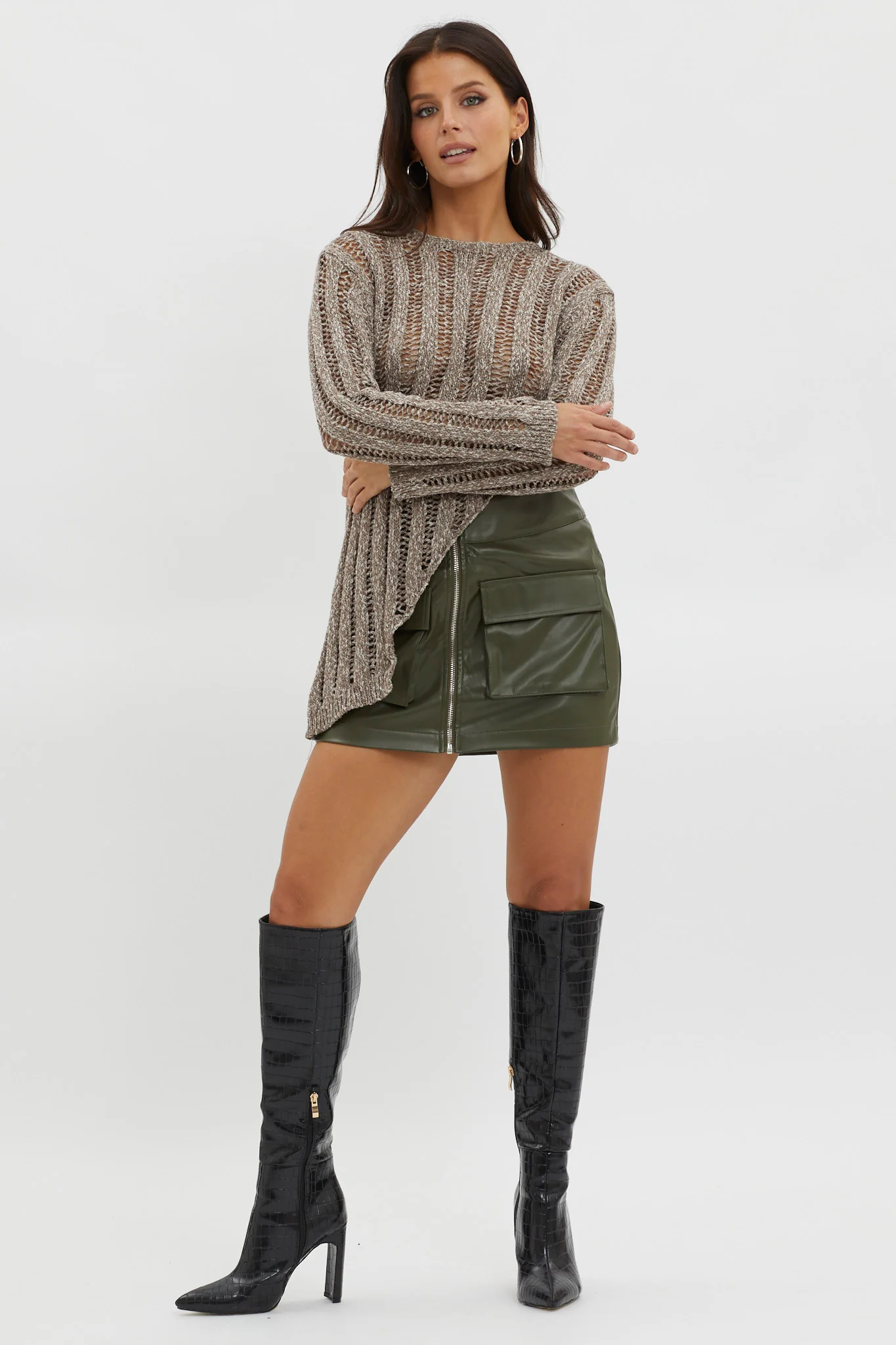 Evergreen Asymmetrical Hem Ribbed Knit Top Khaki - Image 3