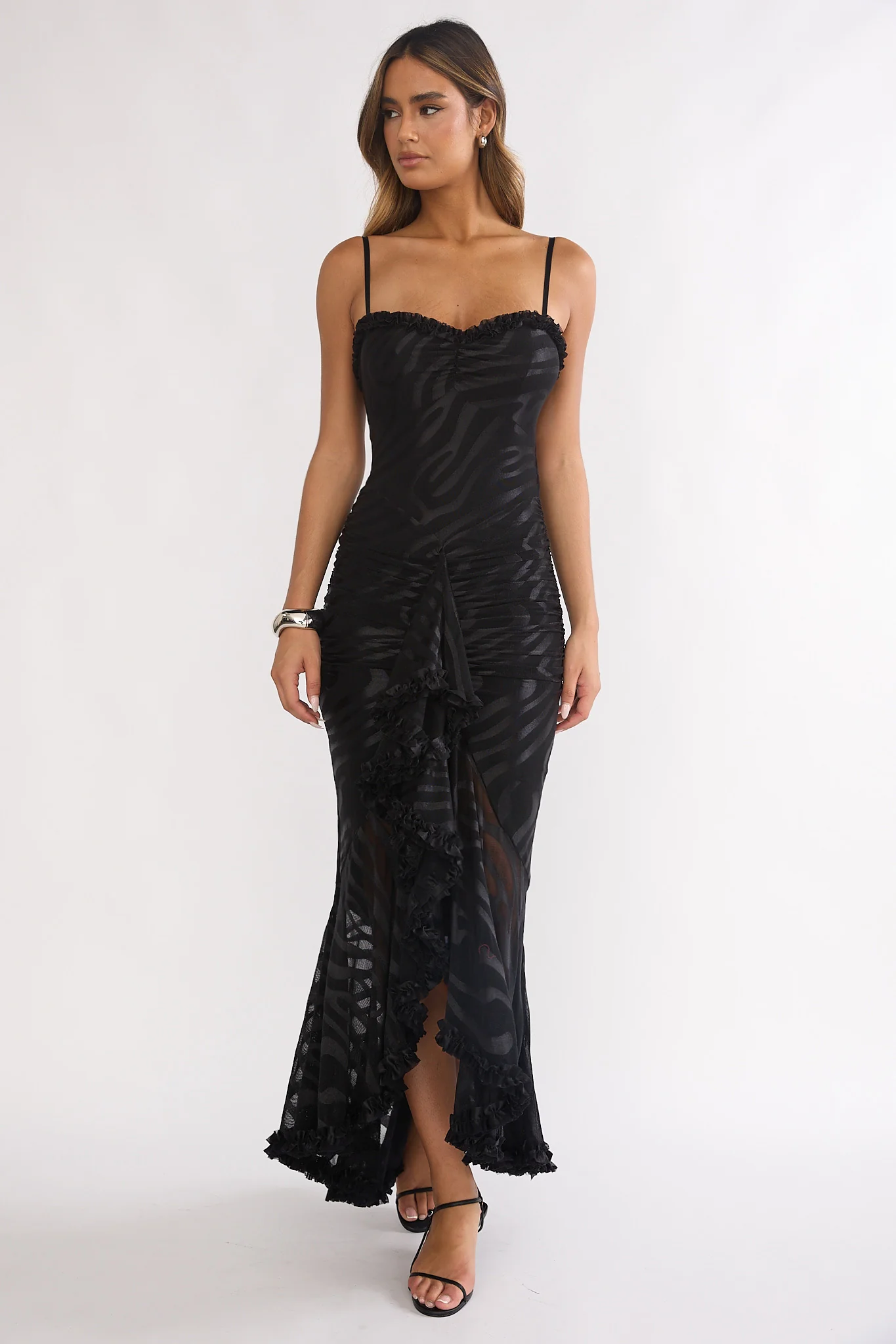 Everine Ruched Frill Trim Maxi Dress Black - Image 4