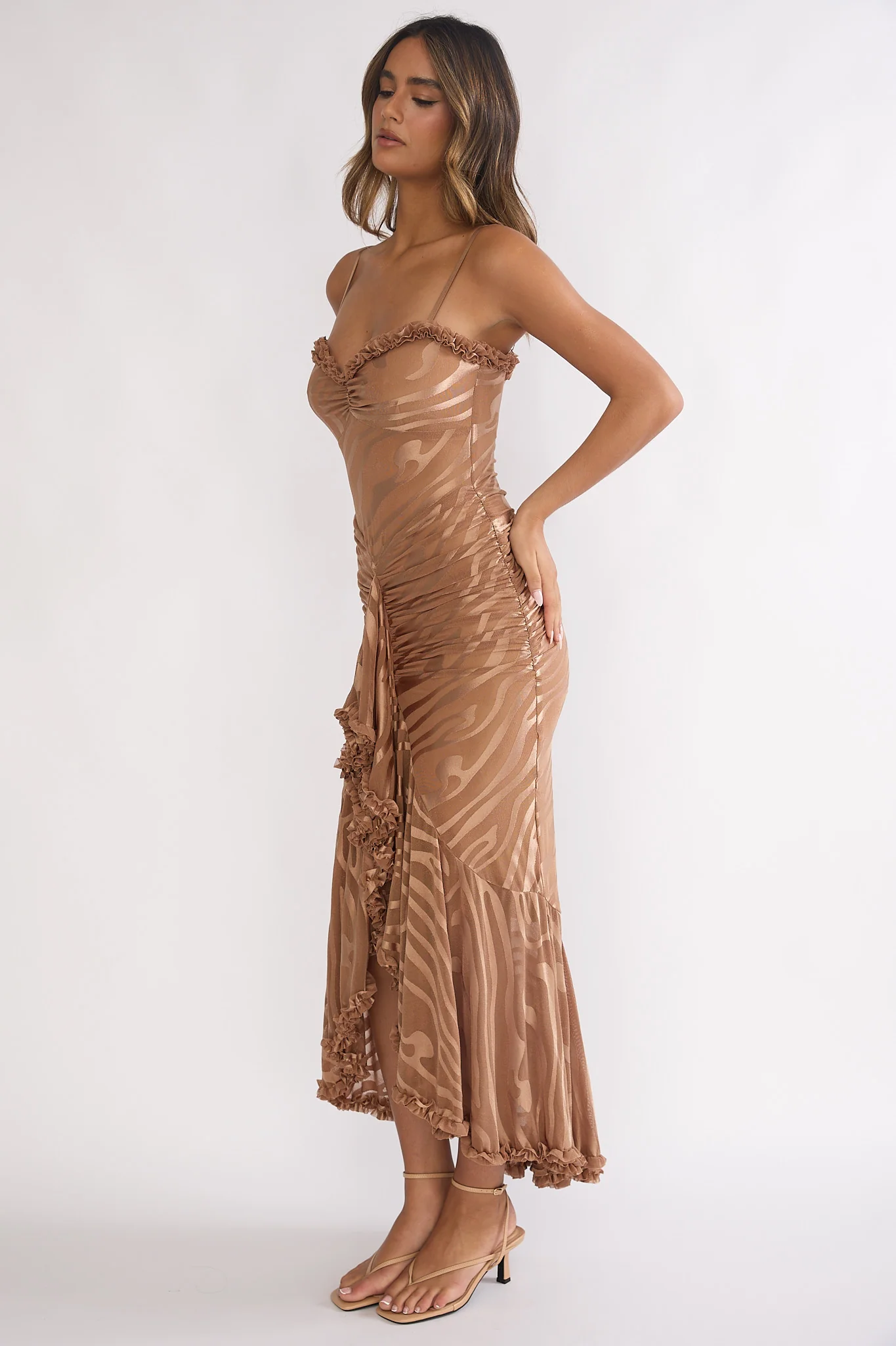 Everine Ruched Frill Trim Maxi Dress Mocha - Image 3