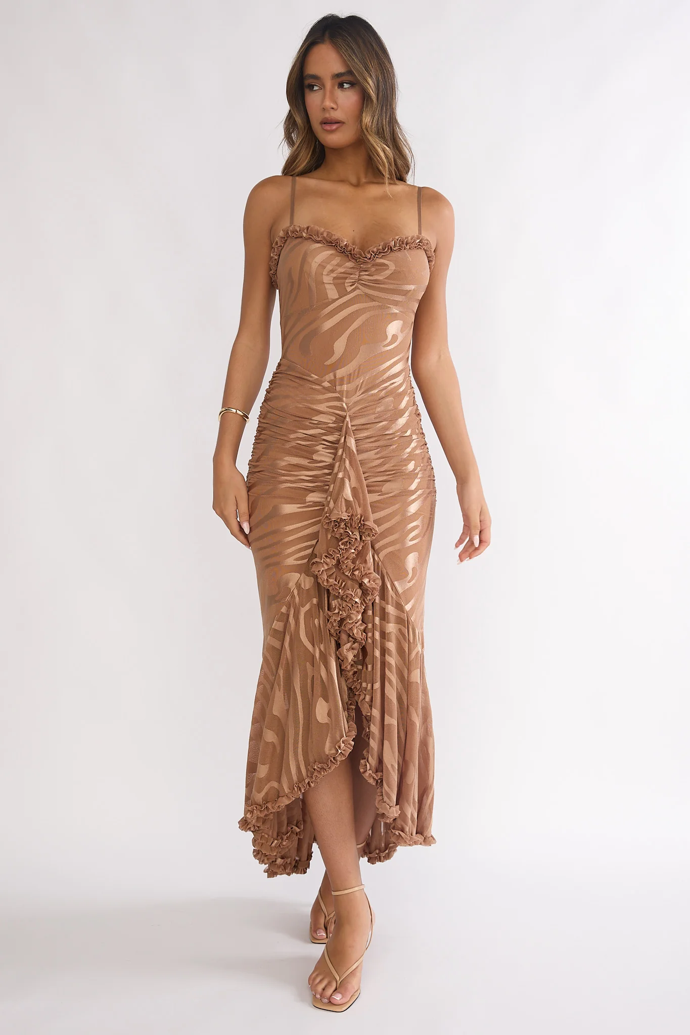Everine Ruched Frill Trim Maxi Dress Mocha - Image 7
