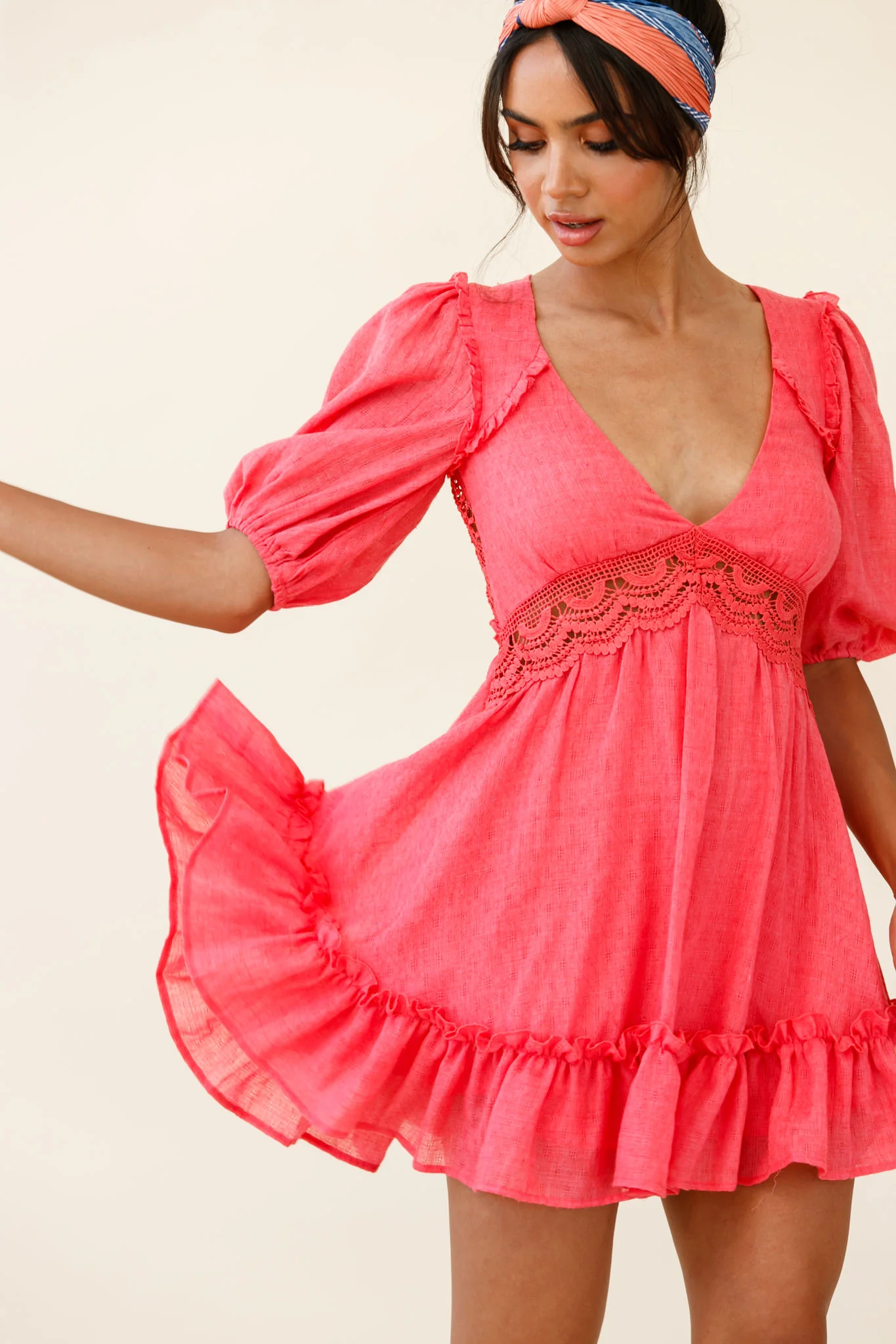 Everleigh Milkmaid Sleeve Exposed Back Dress Coral - Image 6