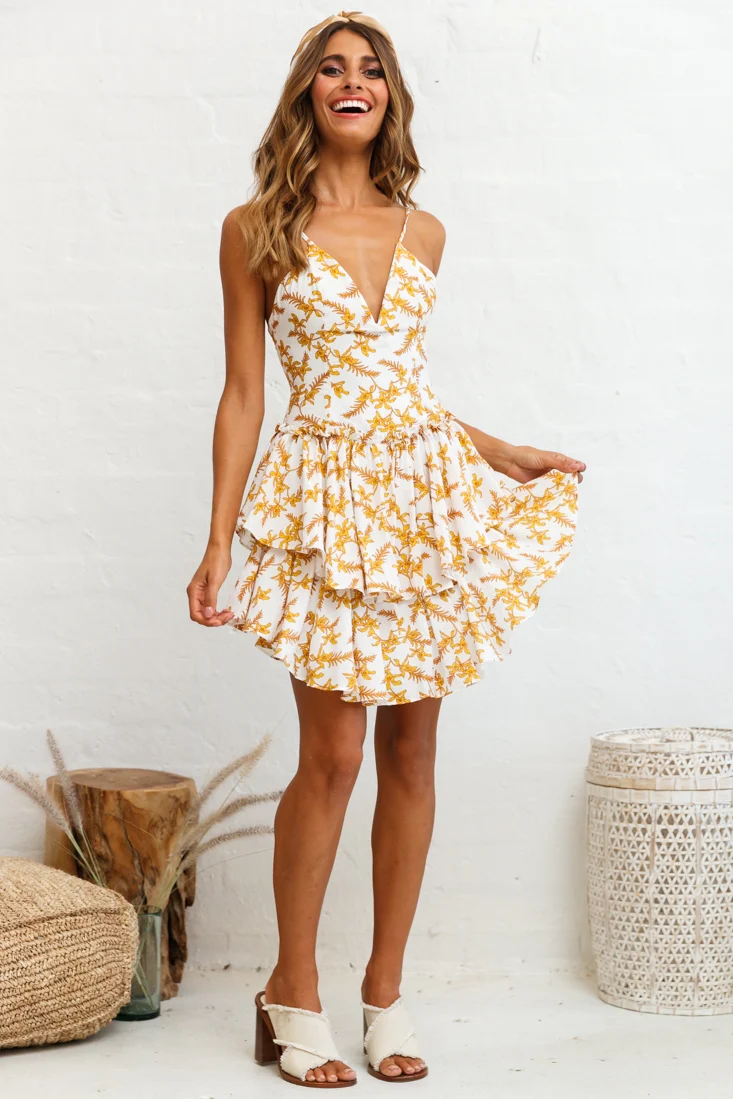 Evie Fitted Bodice Double Flounce Hem Floral Print Dress White - Image 7