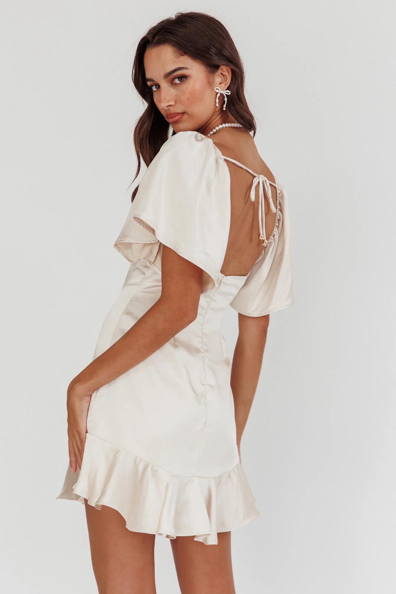 Eyes On You Pleated Bust Angel Sleeve Ruffle Hem Dress Champagne - Image 2