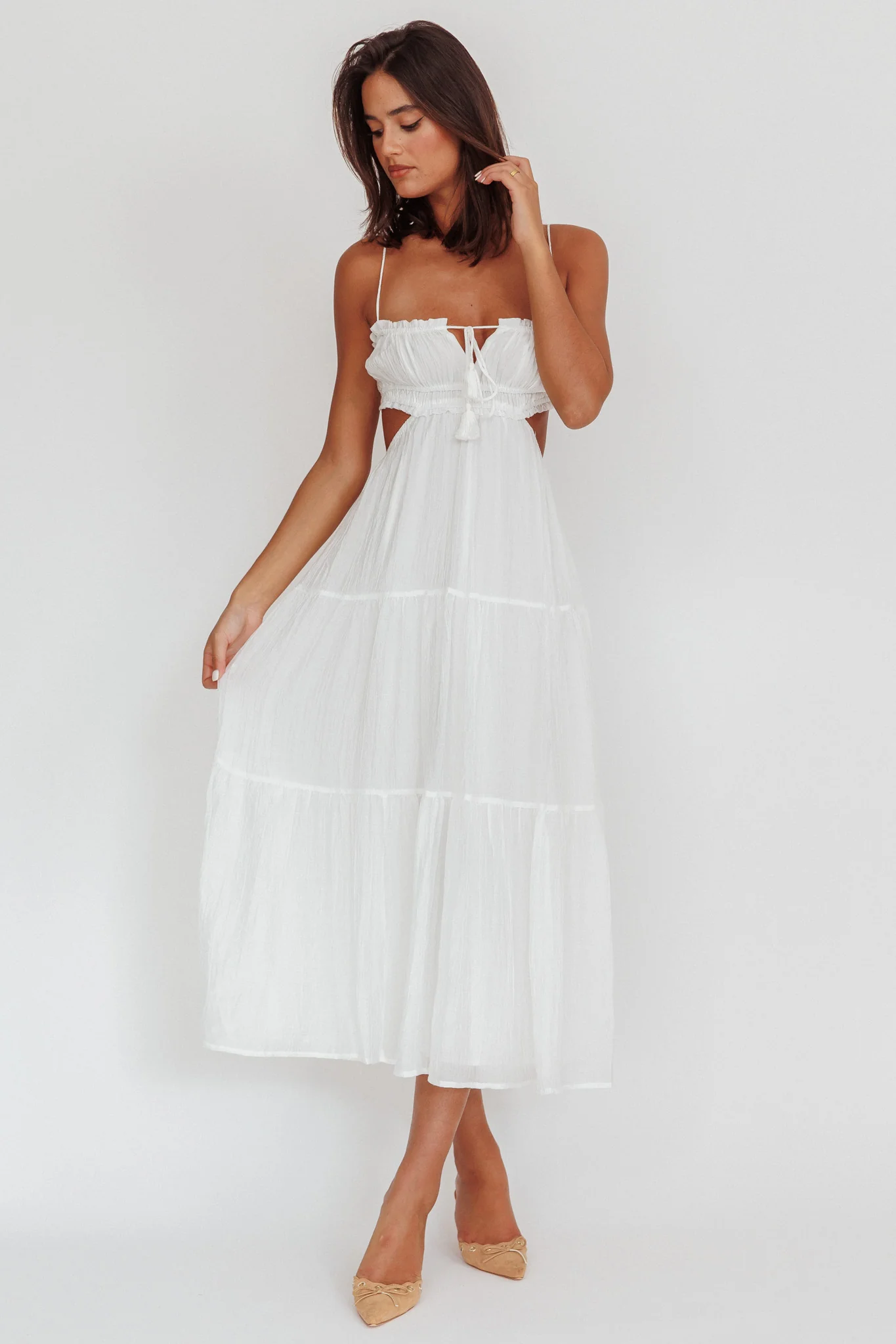 Eyona Cut-Out Waist Tie Maxi Dress White - Image 3