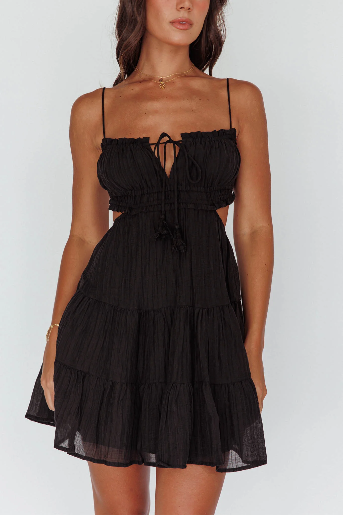 Eyona Cut-Out Waist Tie Mini Dress Black - Image 4