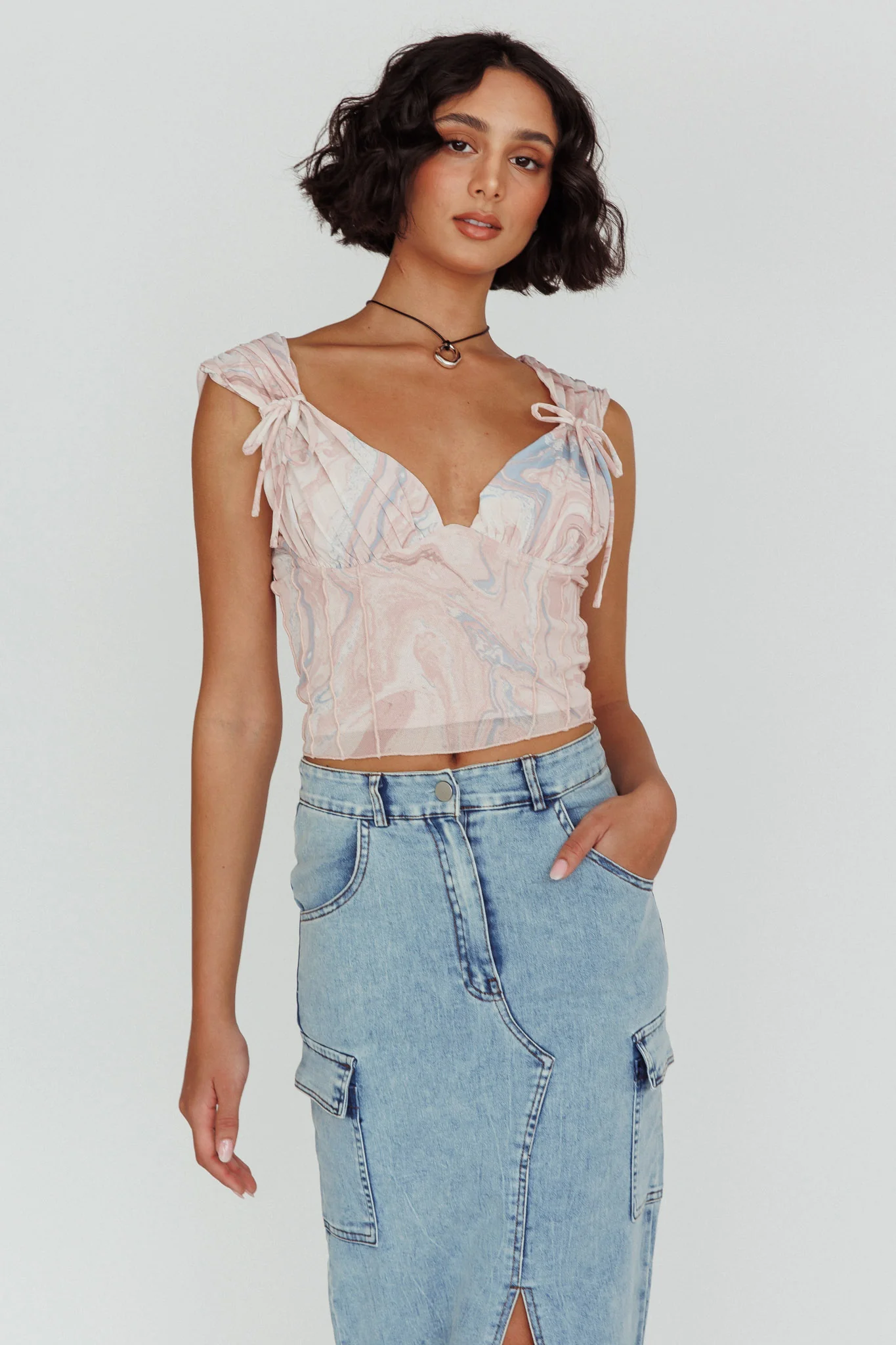 Fairfax Shoulder Tie Crop Top Pink Multi - Image 4
