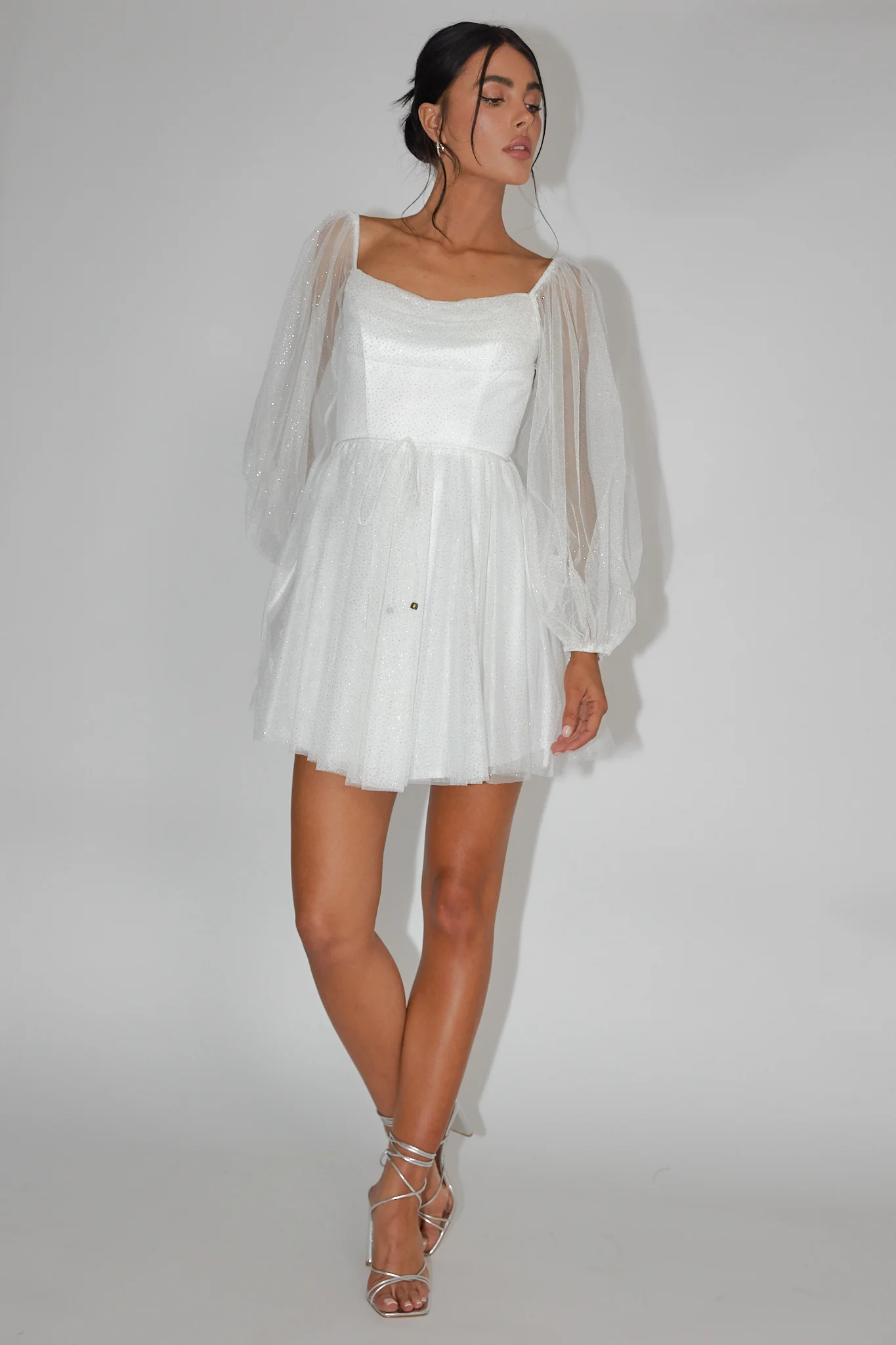 Fairytale Dream Pleat Neckline Mini Dress Sparkle White/Gold - Image 2