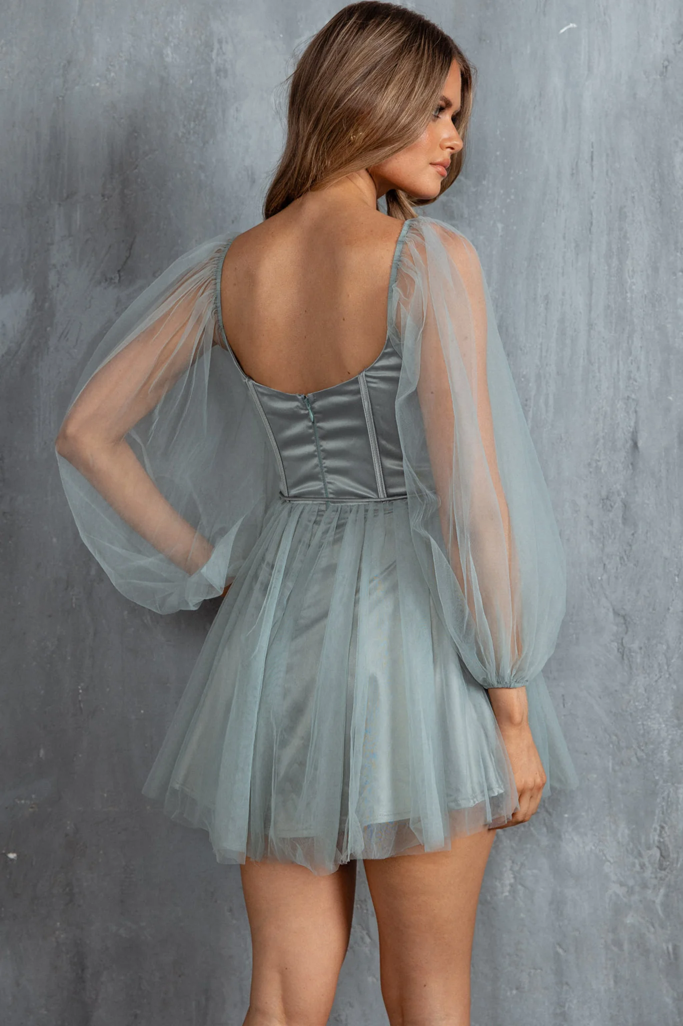 Fairytale Dream Sheer Sleeve Mini Dress Sage - Image 2