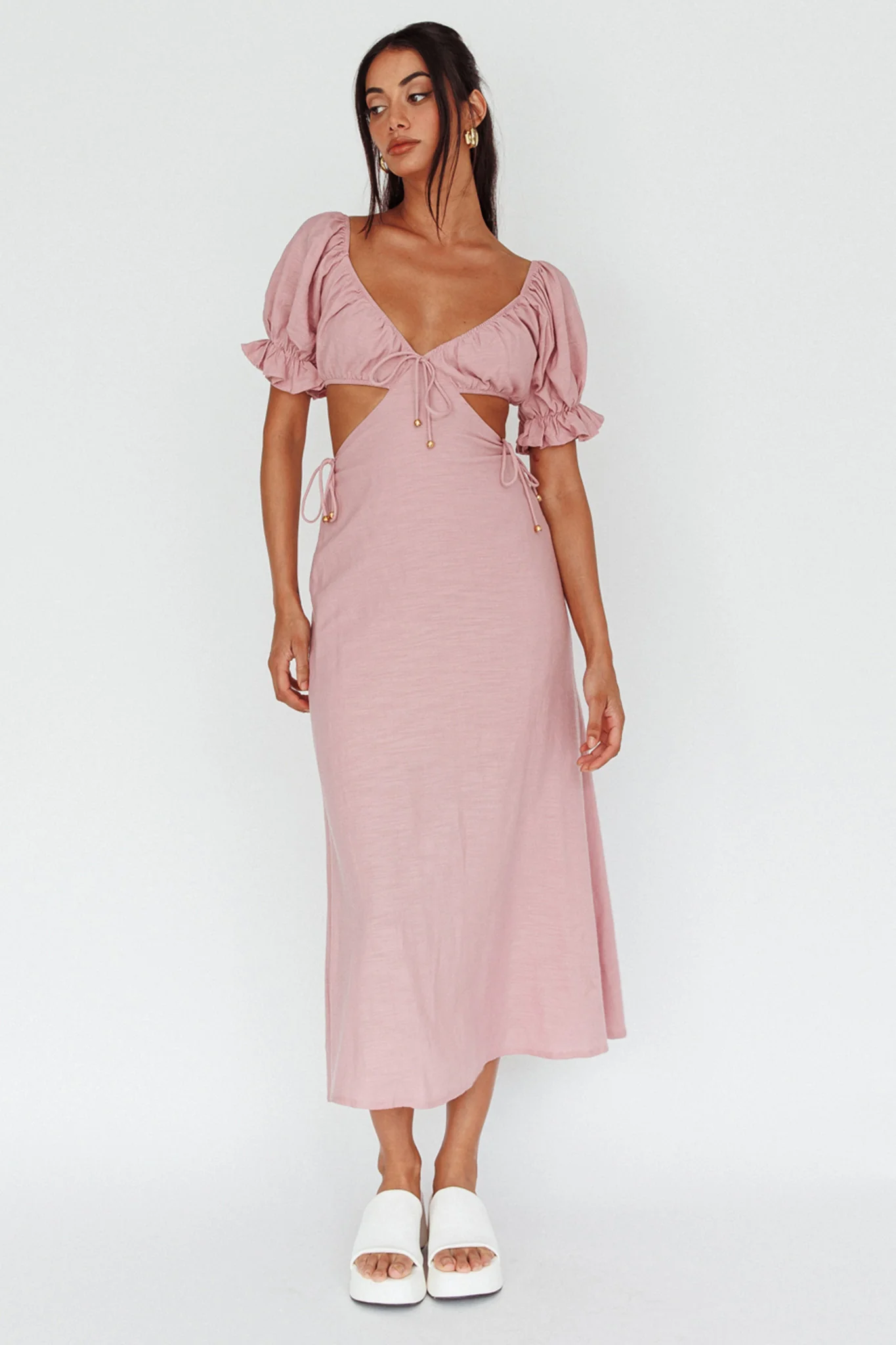 Fancy Free Puff Sleeve Midi Dress Blush - Image 3