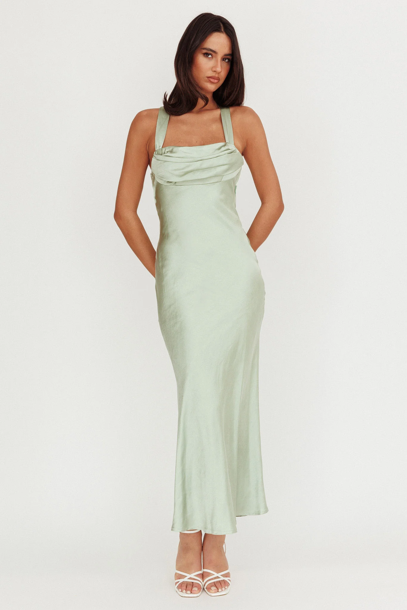 Favorite Part Crossover Back Satin Maxi Dress Sage - Image 2