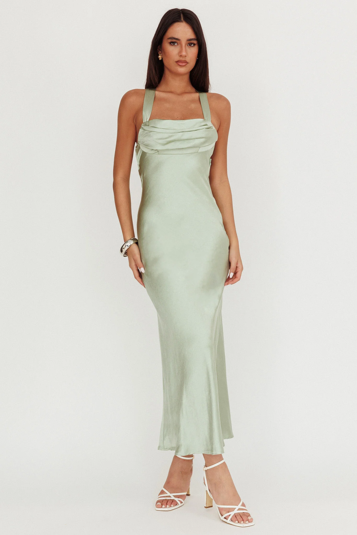 Favorite Part Crossover Back Satin Maxi Dress Sage - Image 3
