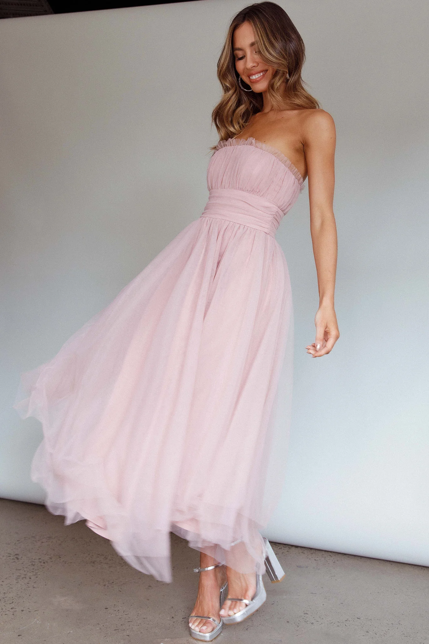 Fayette Strapless Mesh Midi Dress Blush - Image 9
