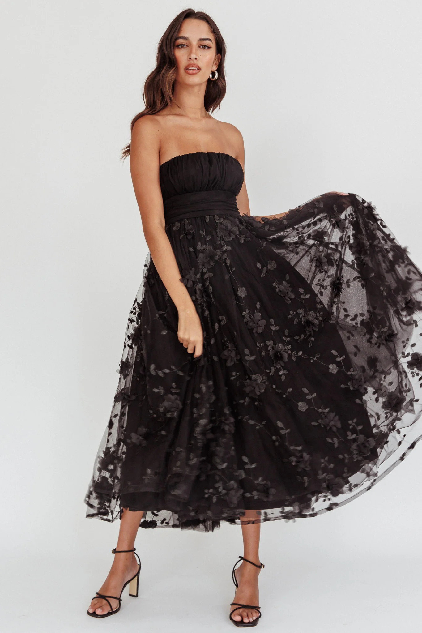 Fayette Strapless Mesh Midi Dress Embellished Black - Image 3