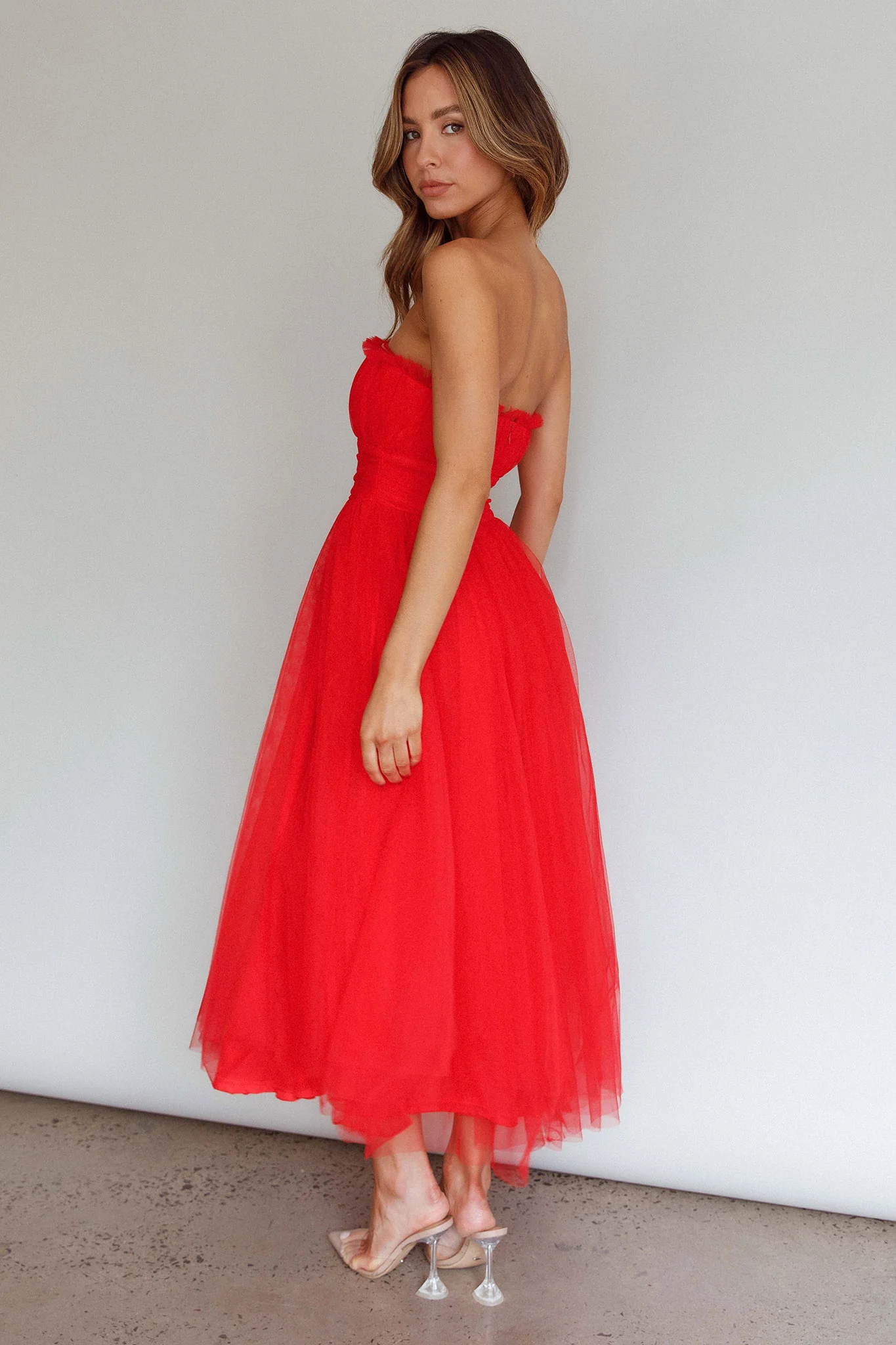 Fayette Strapless Mesh Midi Dress Red - Image 2